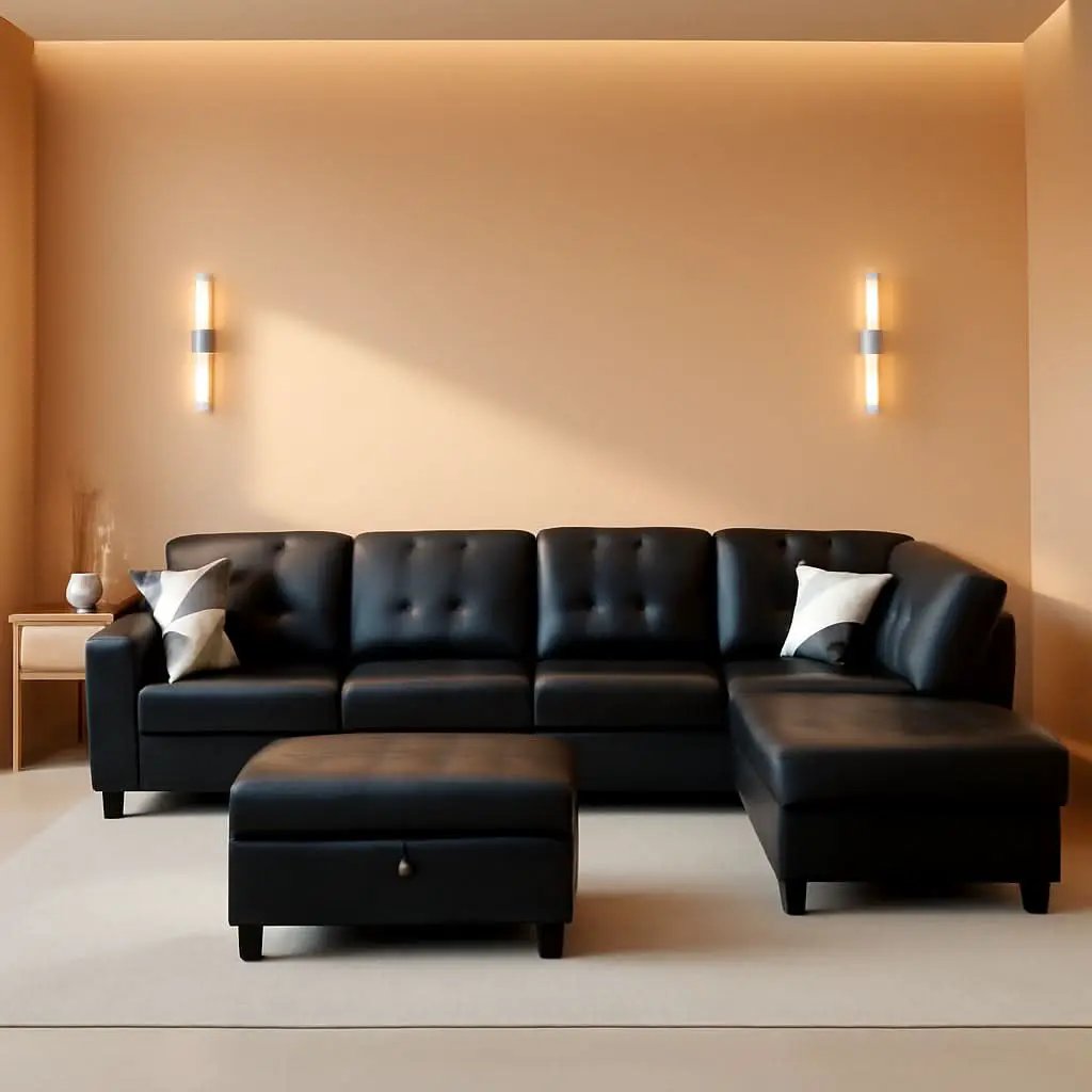Black L Shaped 3 Piece Faux Leather Sofa Set With Storage Ottoman from PriceLows™
