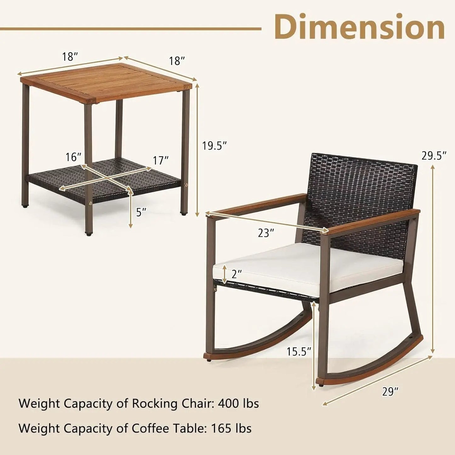Three Piece Rocking Bistro Set With Cushions And Coffee Table For Outdoor Rattan Patio Off White from PriceLows™
