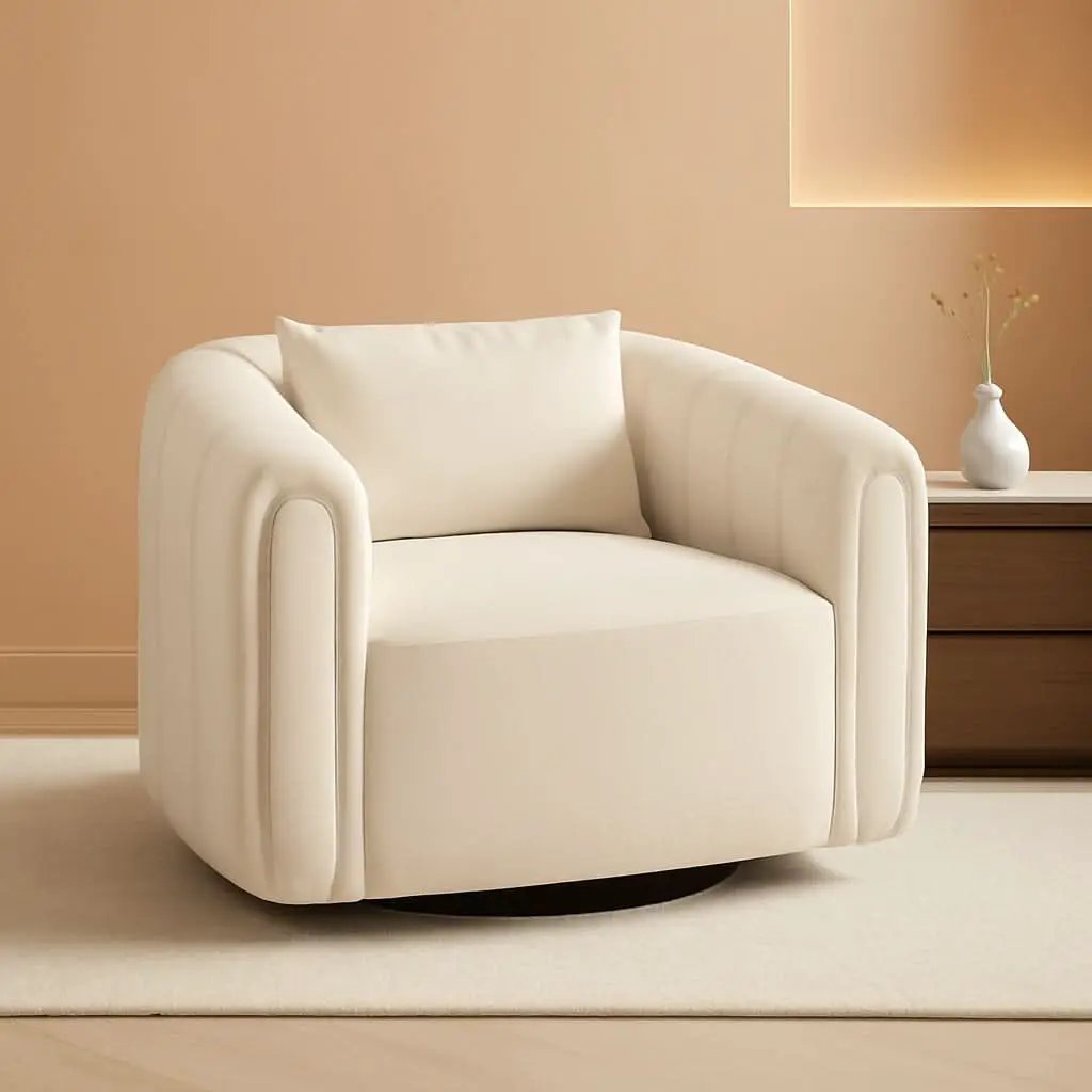 Beige Velvet Barrel Swivel Chair With LumbarPillow from PriceLows™