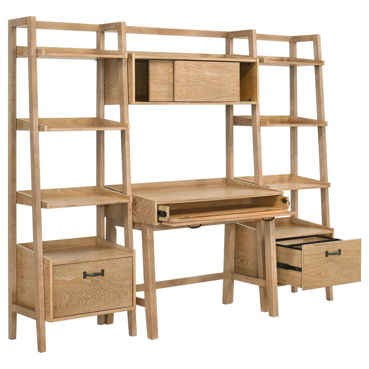 Fabian 4-piece Computer Desk and Bookshelf Set Distressed Light | 4-Piece Set | Rubberwood & Engineered Wood | Brown