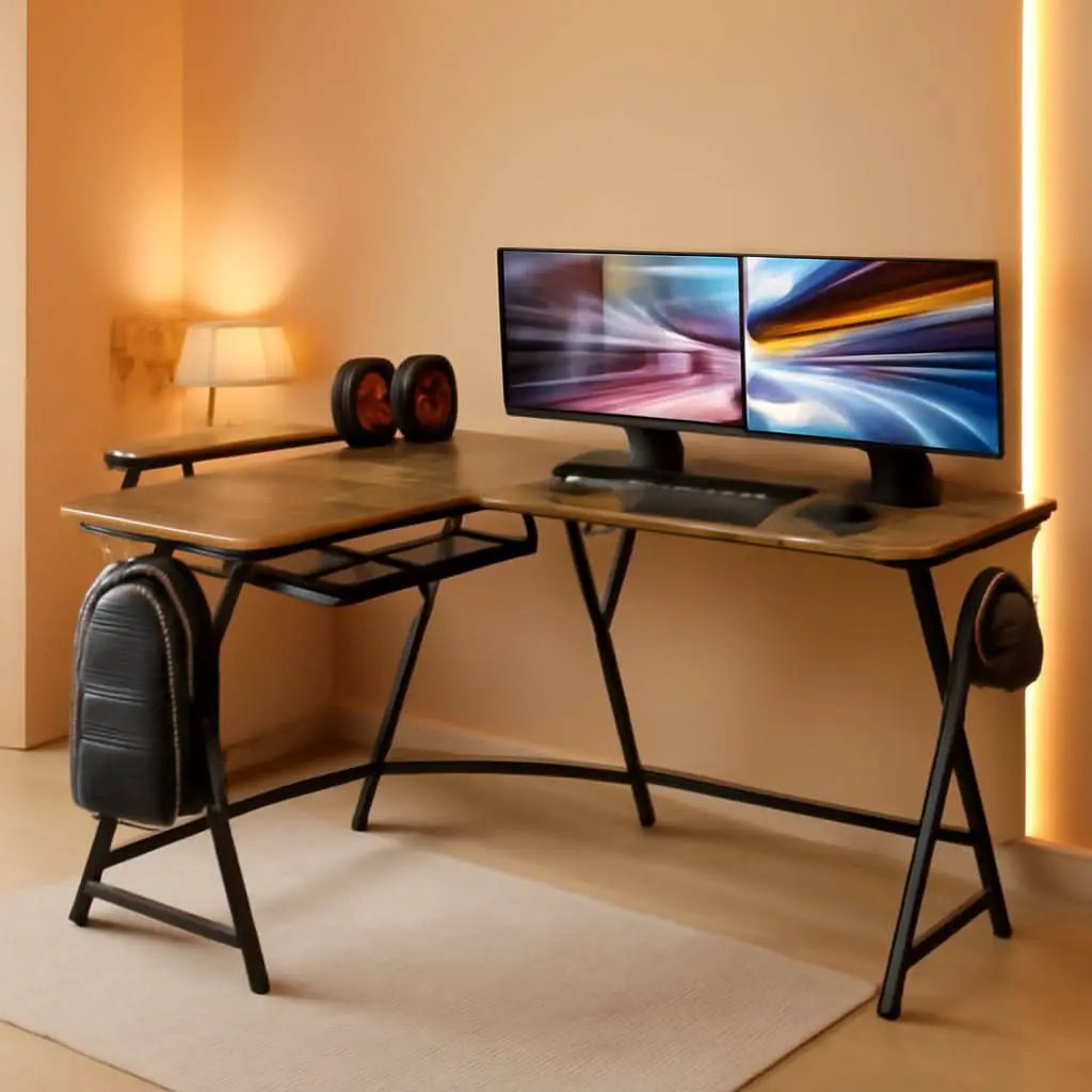Vista L Shape Desk With Monitor Stand Walnut Finish from PriceLows™