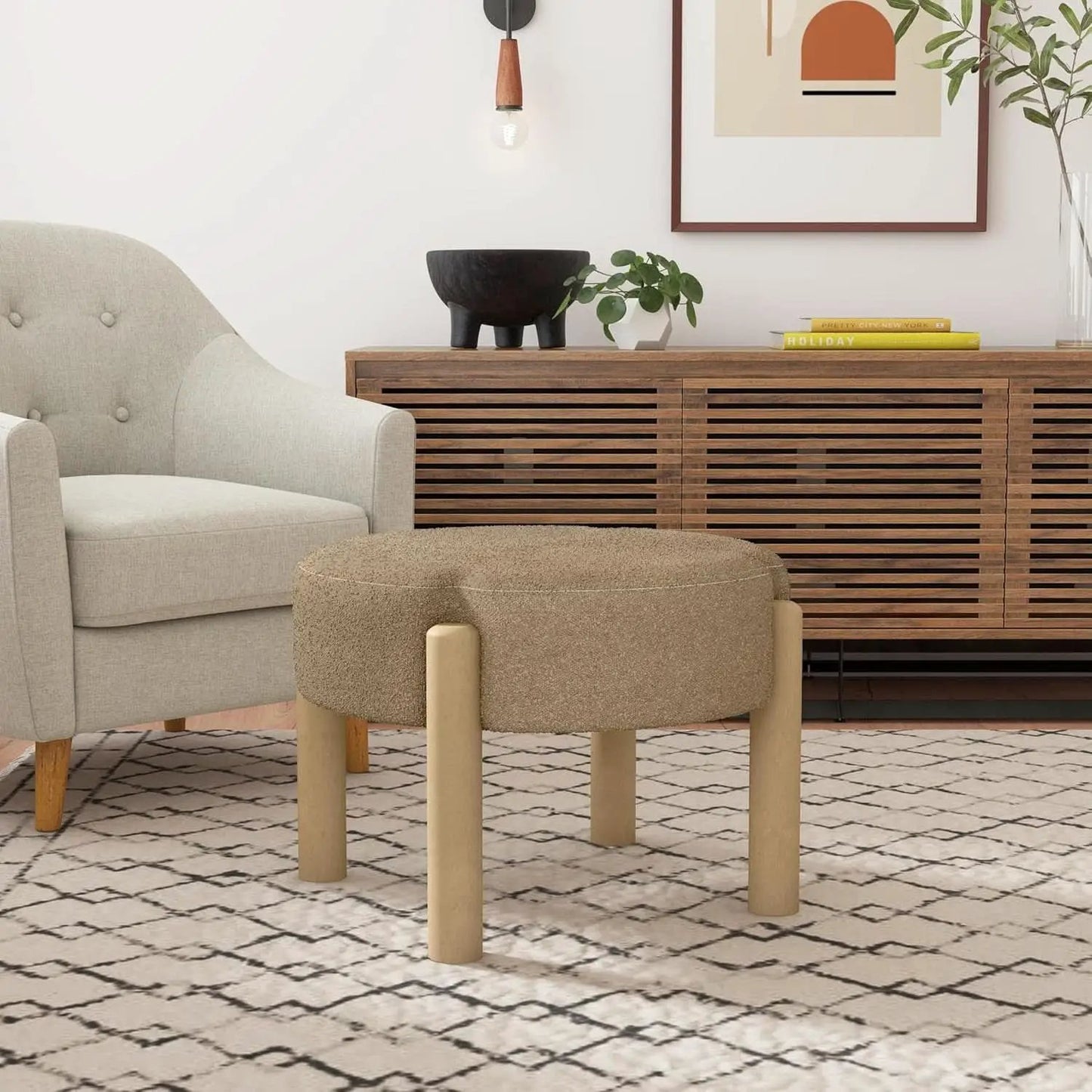 Luna Modern Round Ottoman in Brown Boucle, 22 Inches from PriceLows™