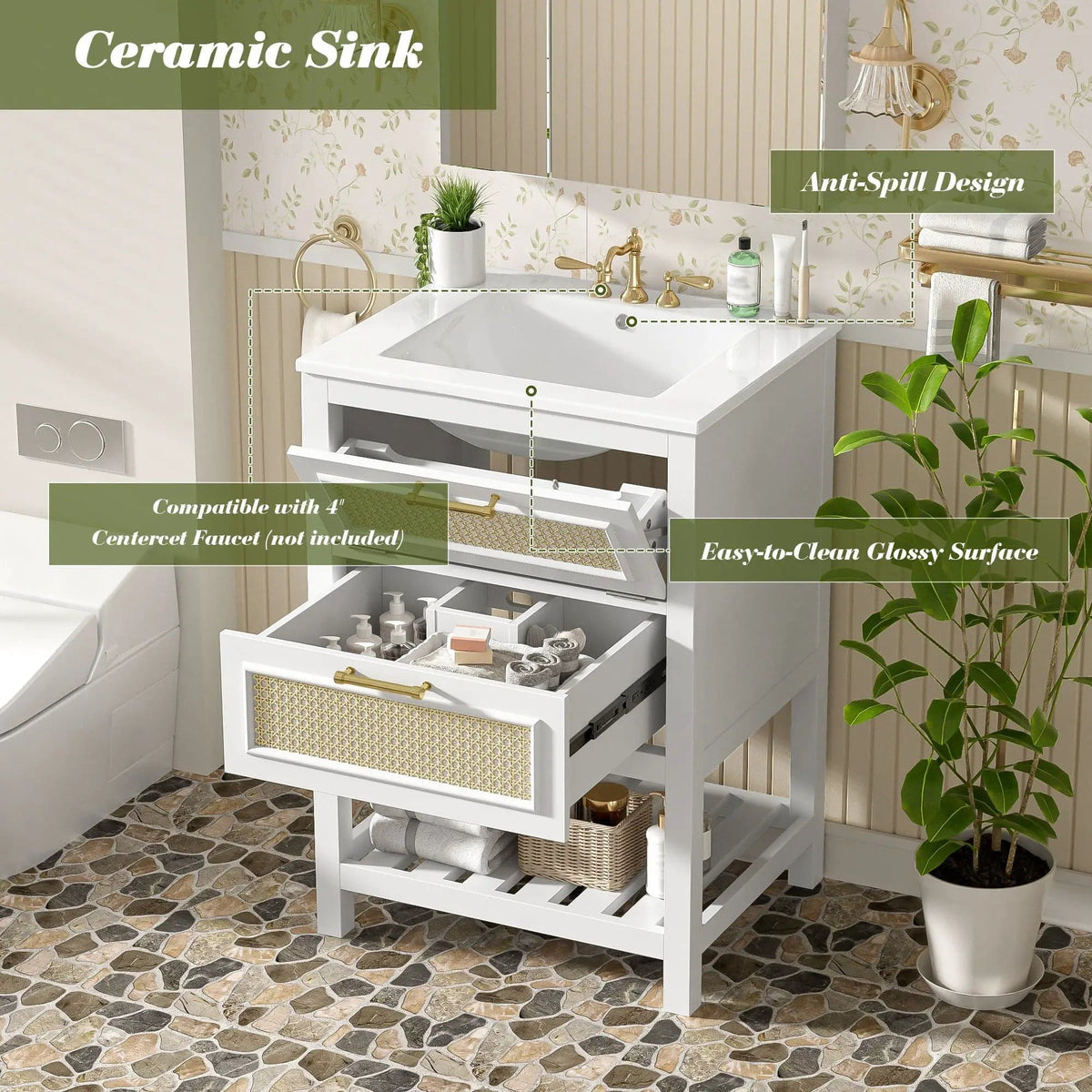 Modern Bathroom Vanity With Integrated Sink, Cabinet With 1 Deep Drawer And 1 | 2 Pieces | Solid Wood & Rattan | Bathroom