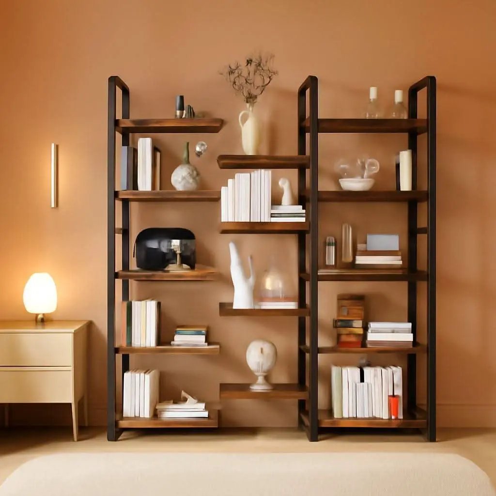 Rustic Brown Large Five Tier Bookshelf With Steel Frame from PriceLows™