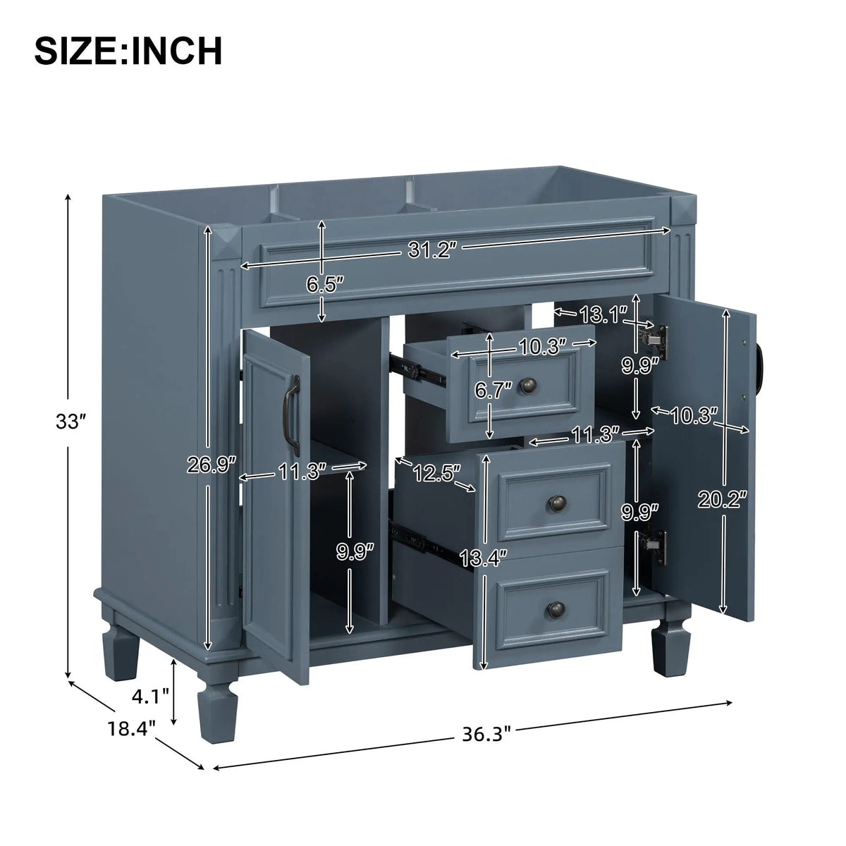 Bathroom Vanity Cabinet | 35.3 Inch Width | 2 Soft Closing Doors | 2 Drawers