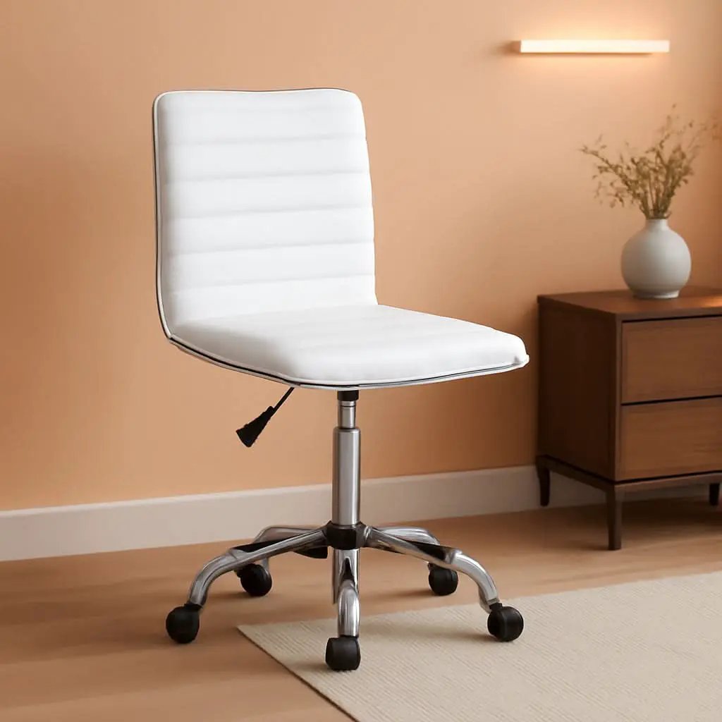 Mid Back Vanity Chair White PU Leather Swivel Office Chair from PriceLows™