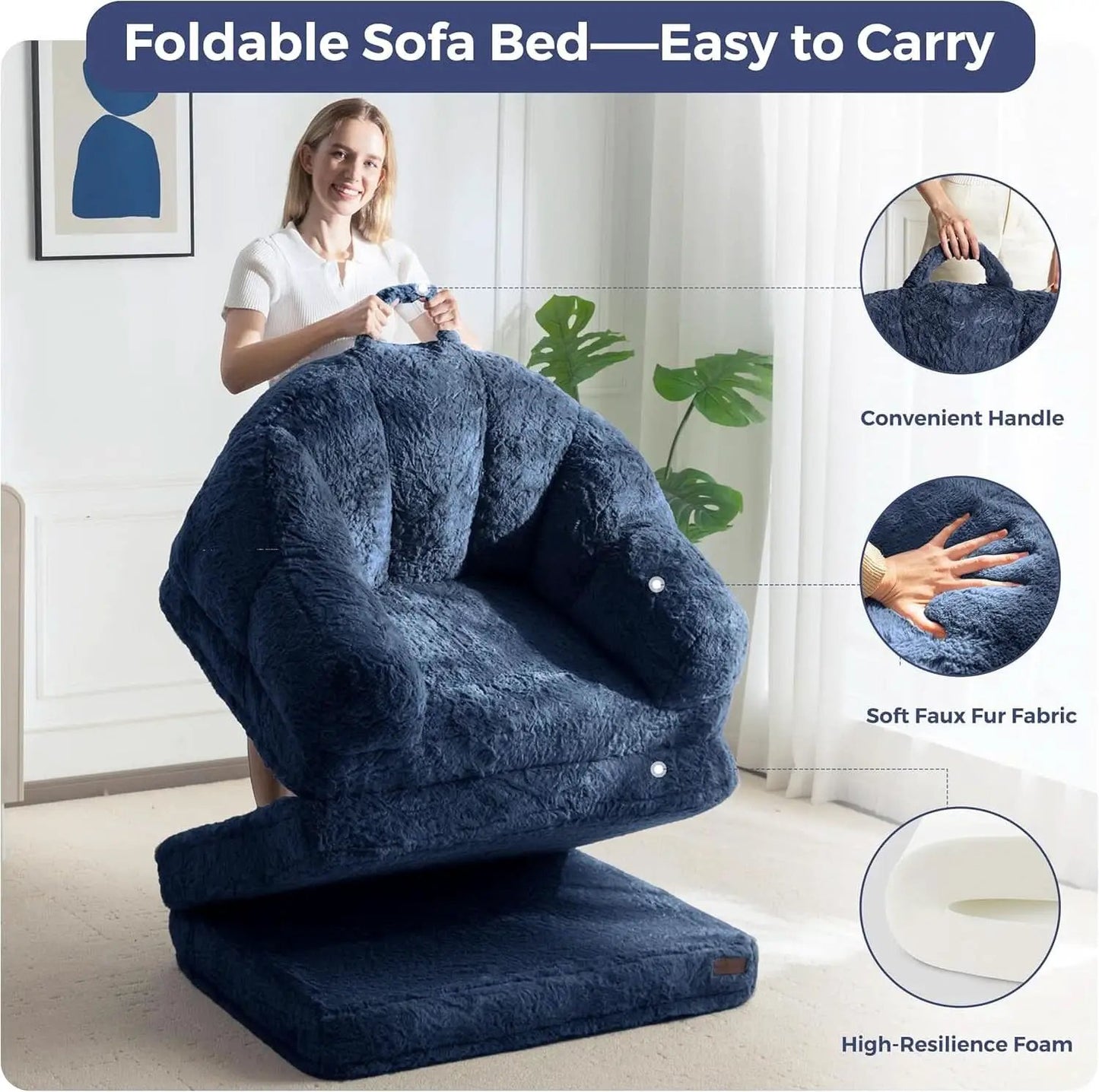 Navy Upholstered Folding Sofa Bed Convertible Lounger from PriceLows™