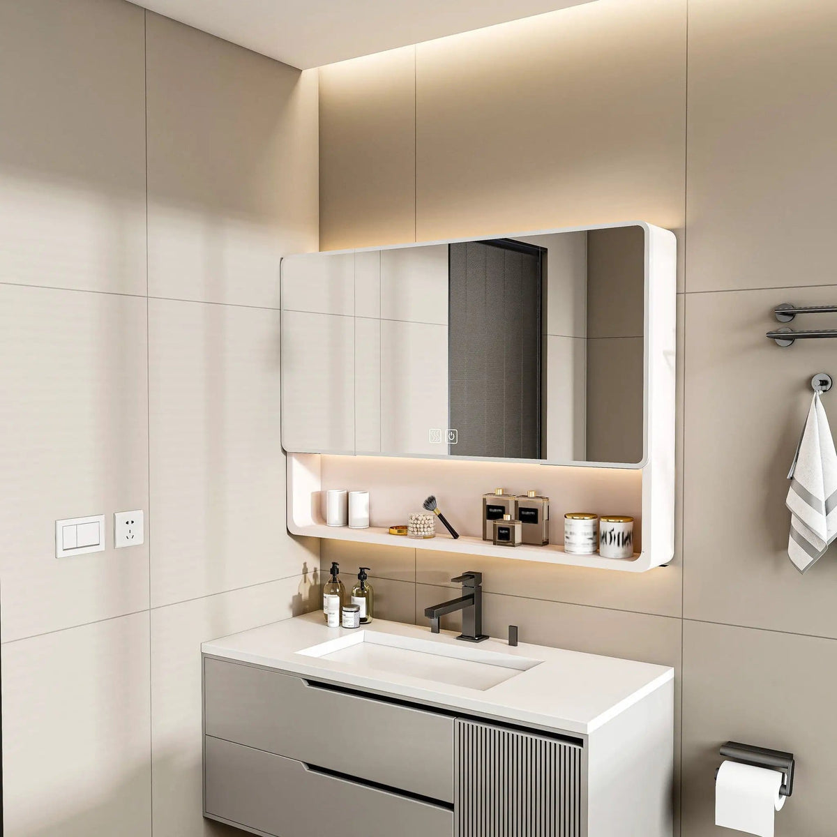 Aluminium Medicine Cabinet Mirror, With 3 Colors LED Light And Defogging Function | 35.43 x 27.56 x 4.92 in | Glass & Aluminum | Home