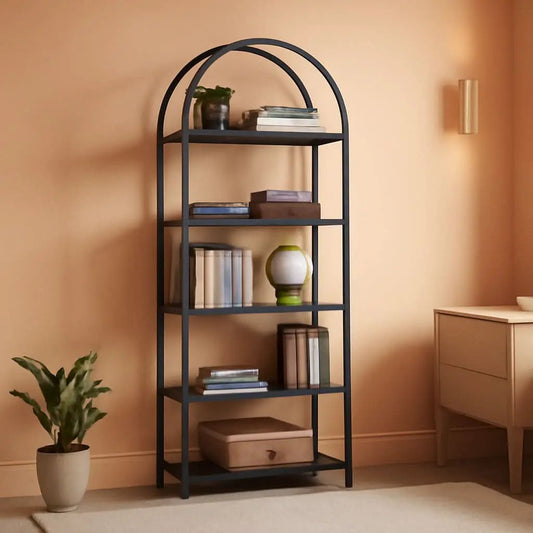 Tall Black Arched Bookcase With 5 Open Shelves For Living Room from PriceLows™