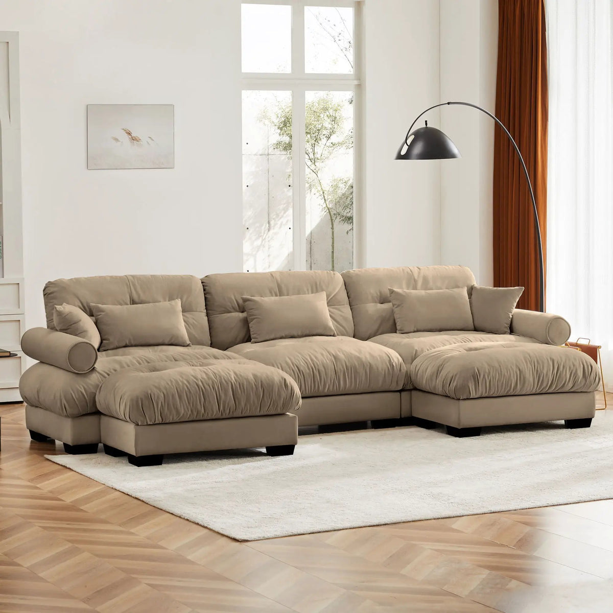 Modular Sectional Sofa | Deep Comfort Cushions | Vintage Fabric Ottoman