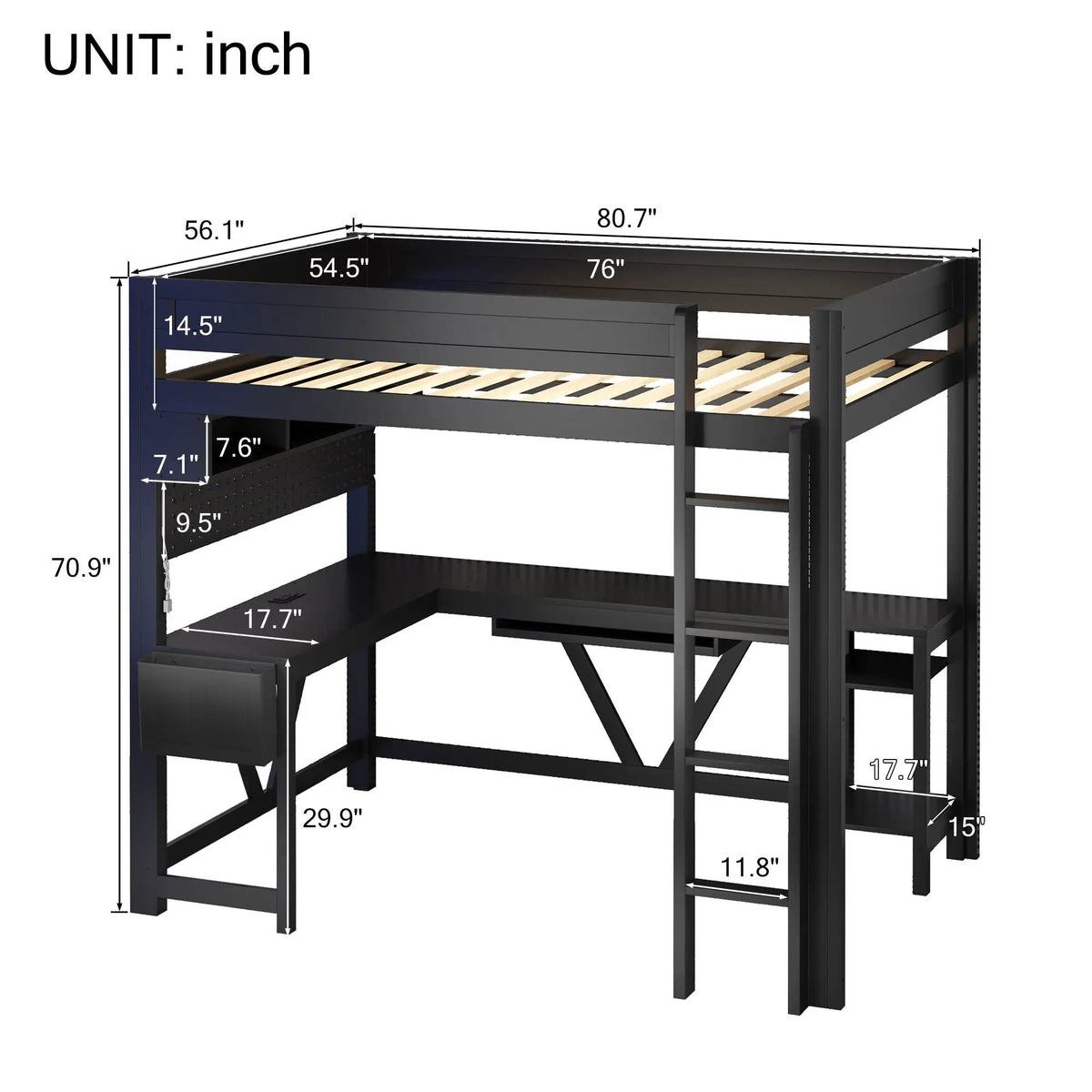 Gaming Loft Bed With Desk | Open Shelf And Fabric Storage Bag | Adjustable LED | Charging Station