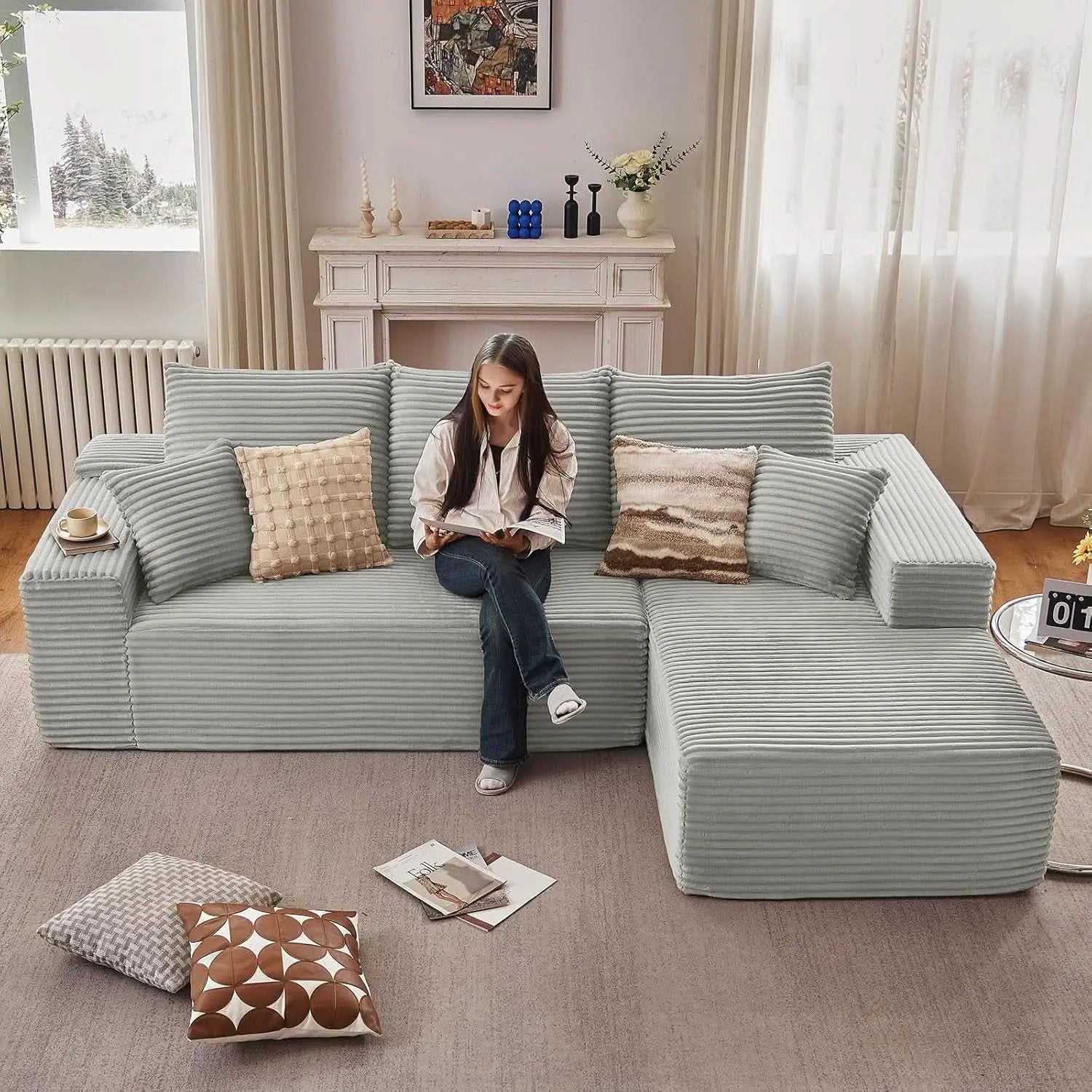 107 Inch Grey Corduroy L Shaped Modular Sleeper Sofa from PriceLows™