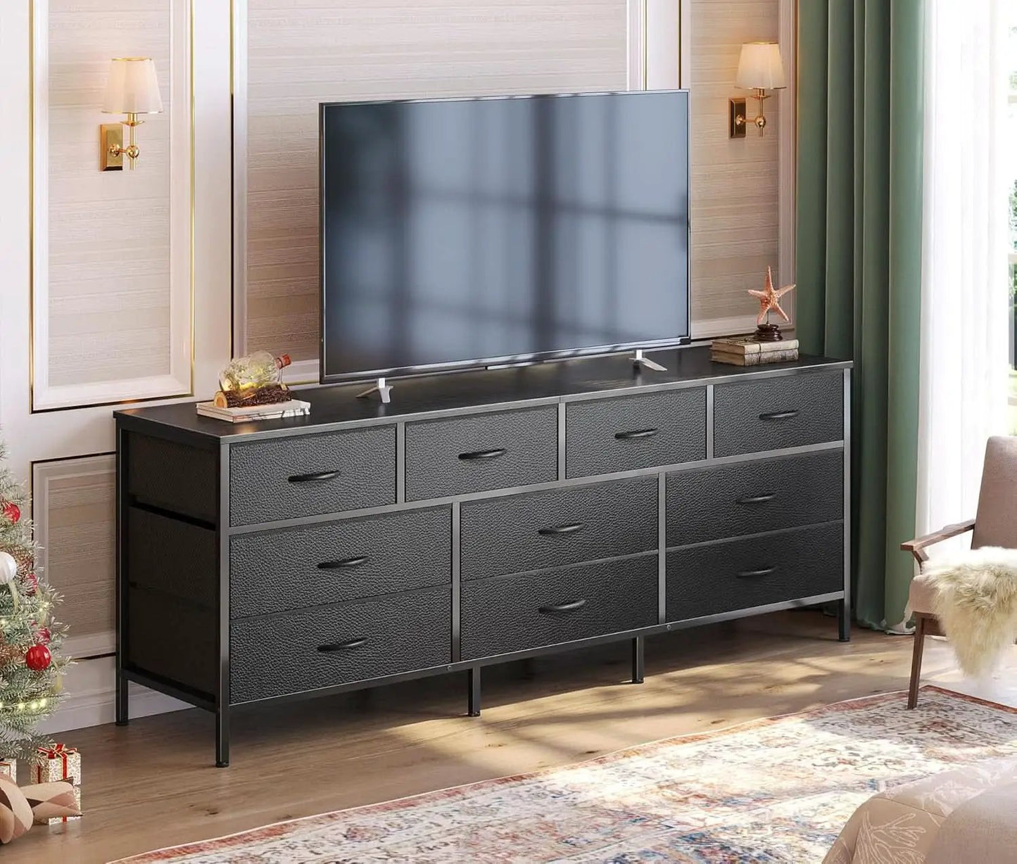 63 Inch TV Stand Dresser With 10 Fabric Drawers Black from PriceLows™