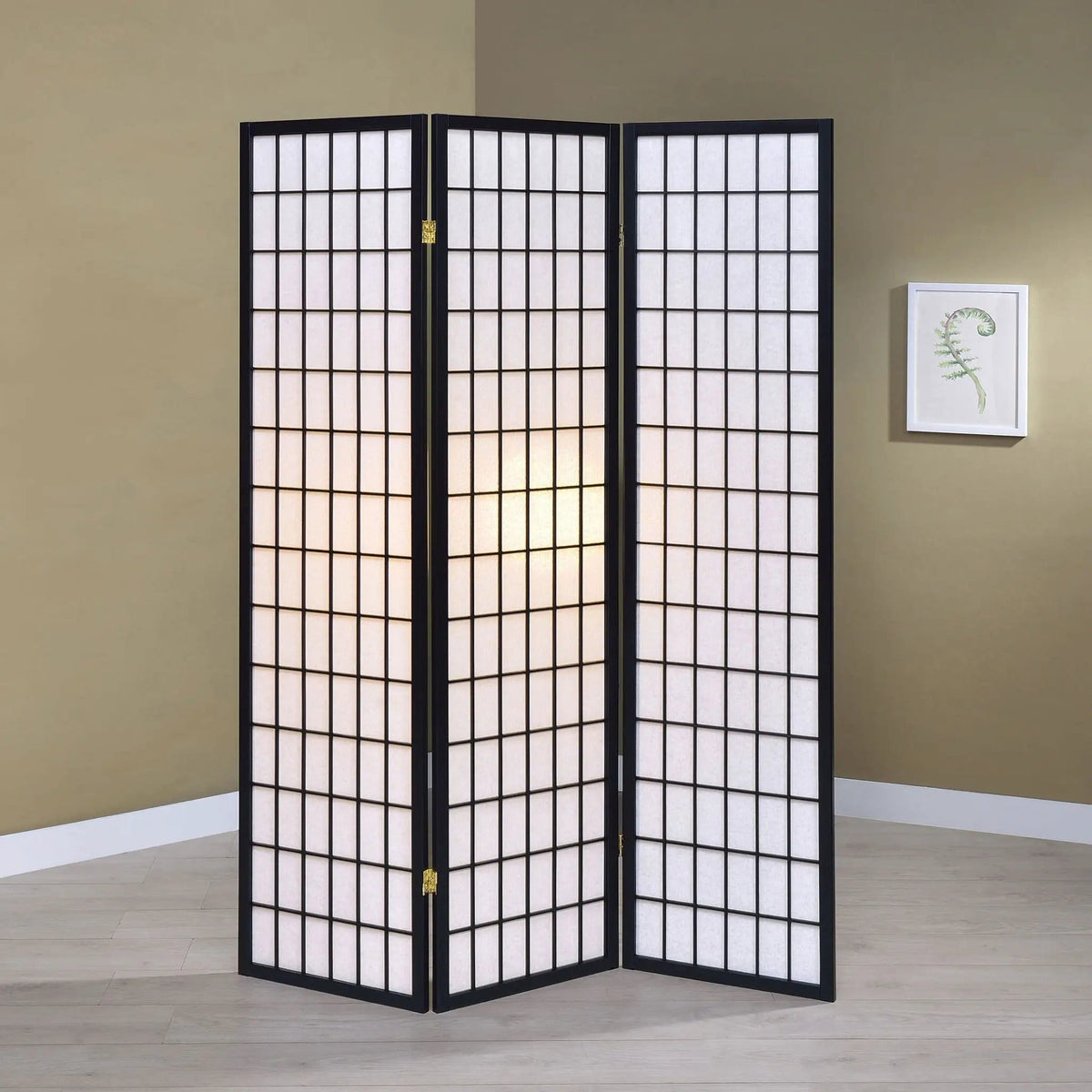 Carrie 3-Panel Room Divider Folding Shoji Screen | 52 x 0.75 x 70.25 in | Rubberwood & Fabric | Black