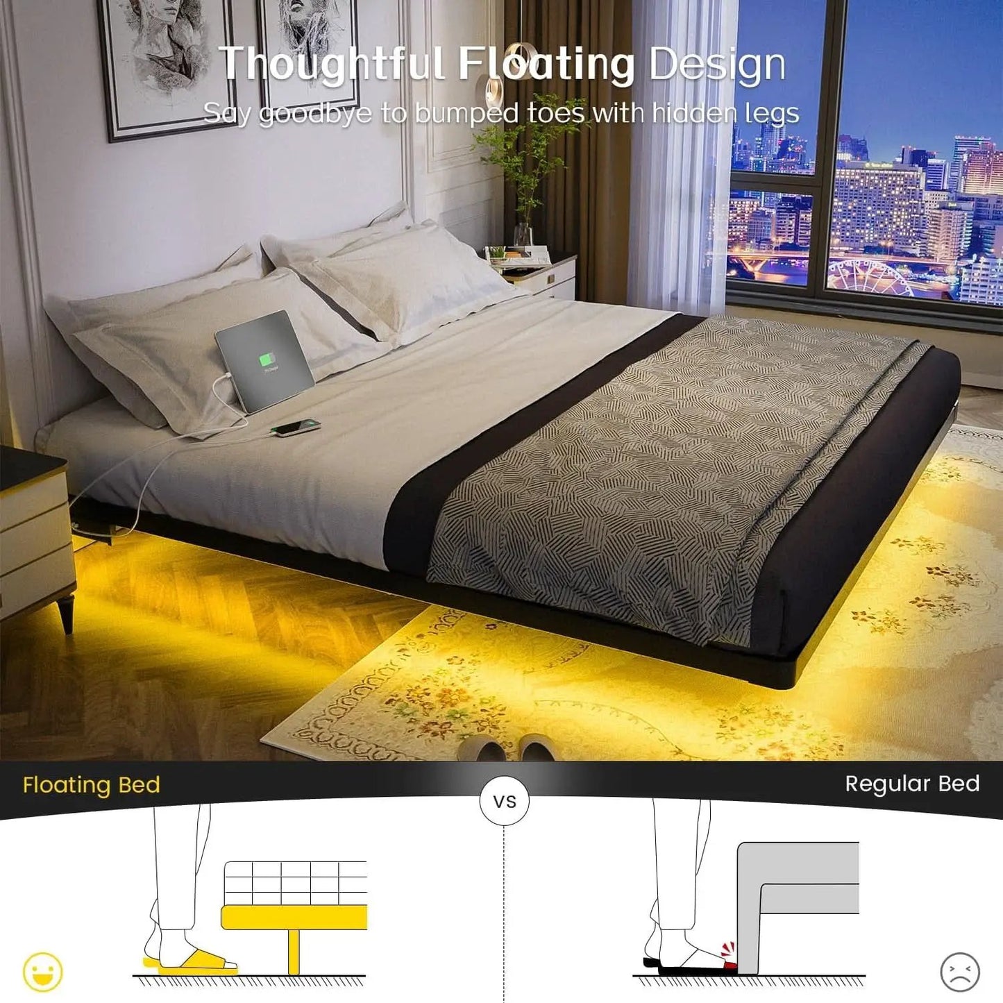 King Size Floating Bed Frame With Integrated LED Lighting from PriceLows™