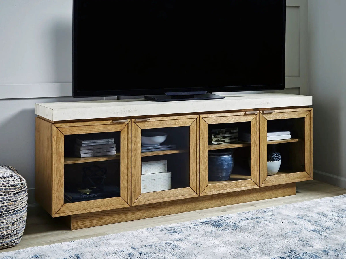 Adanworth Accent Cabinet | 80.13 x 17.13 x 30.13 in | Oak Veneer & Glass | Light Brown / Gray
