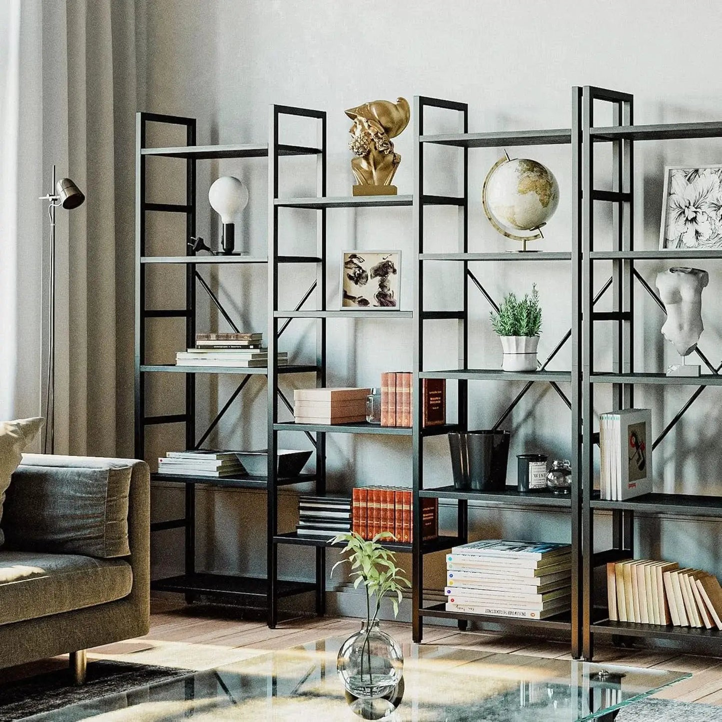 Triple Wide Industrial Bookshelf With Metal Frame 14 Open Shelves from PriceLows™