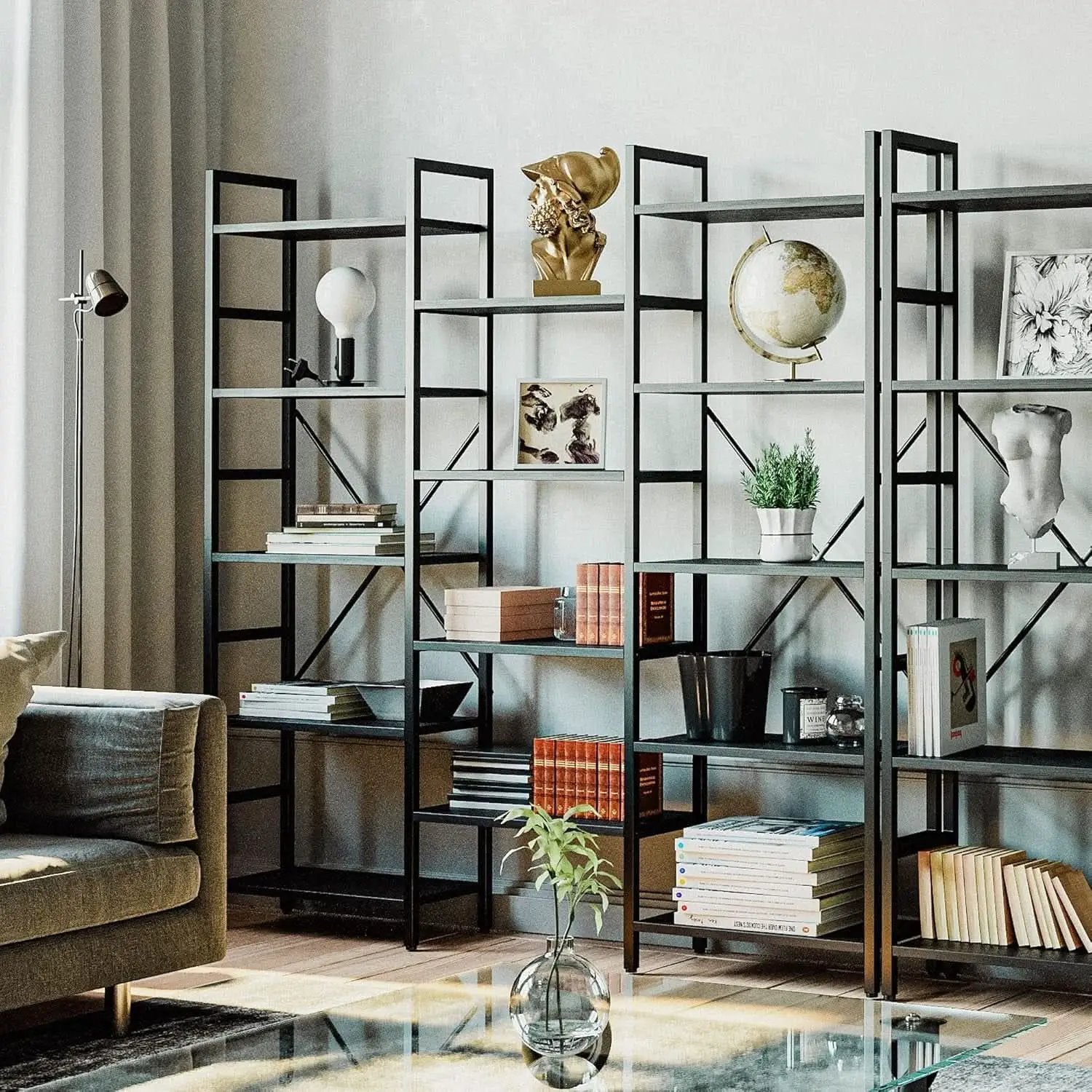 Triple Wide Industrial Bookshelf With Metal Frame 14 Open Shelves from PriceLows™