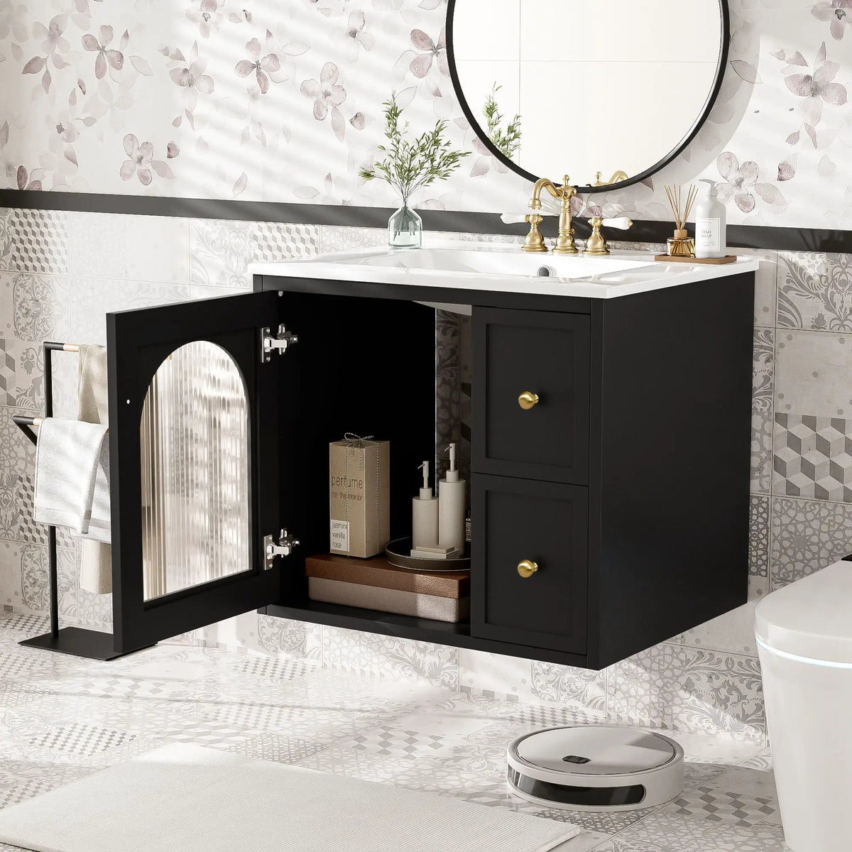 Wall-Mounted Bathroom Vanity Set | Sink Included | 2 Drawers | Soft-Close Glass Door Cabinet