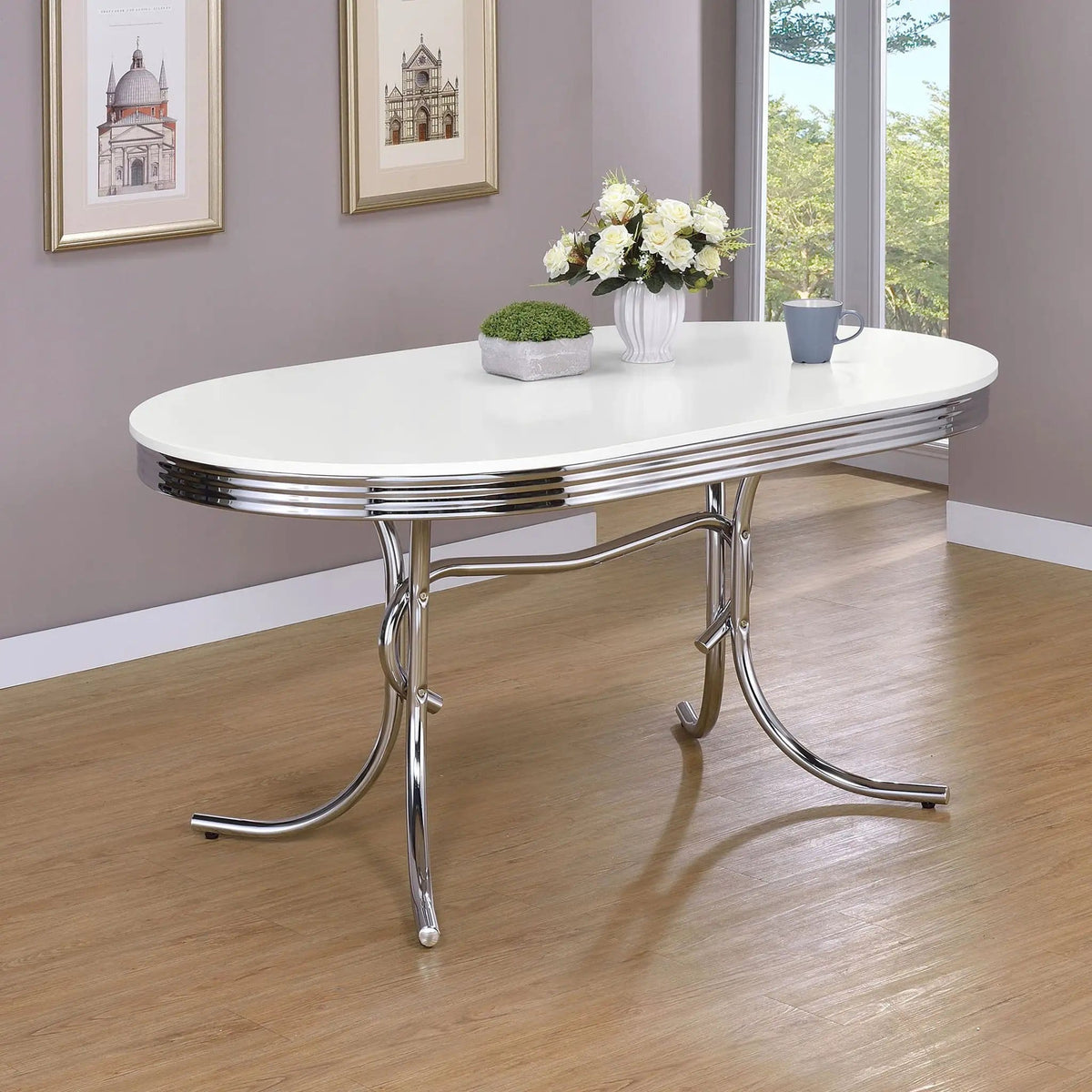 Retro Oval 60-inch Wood Top Dining Table White and Chrome | 60 x 36 x 29.5 in | Engineered Wood & Veneer | Dining Room