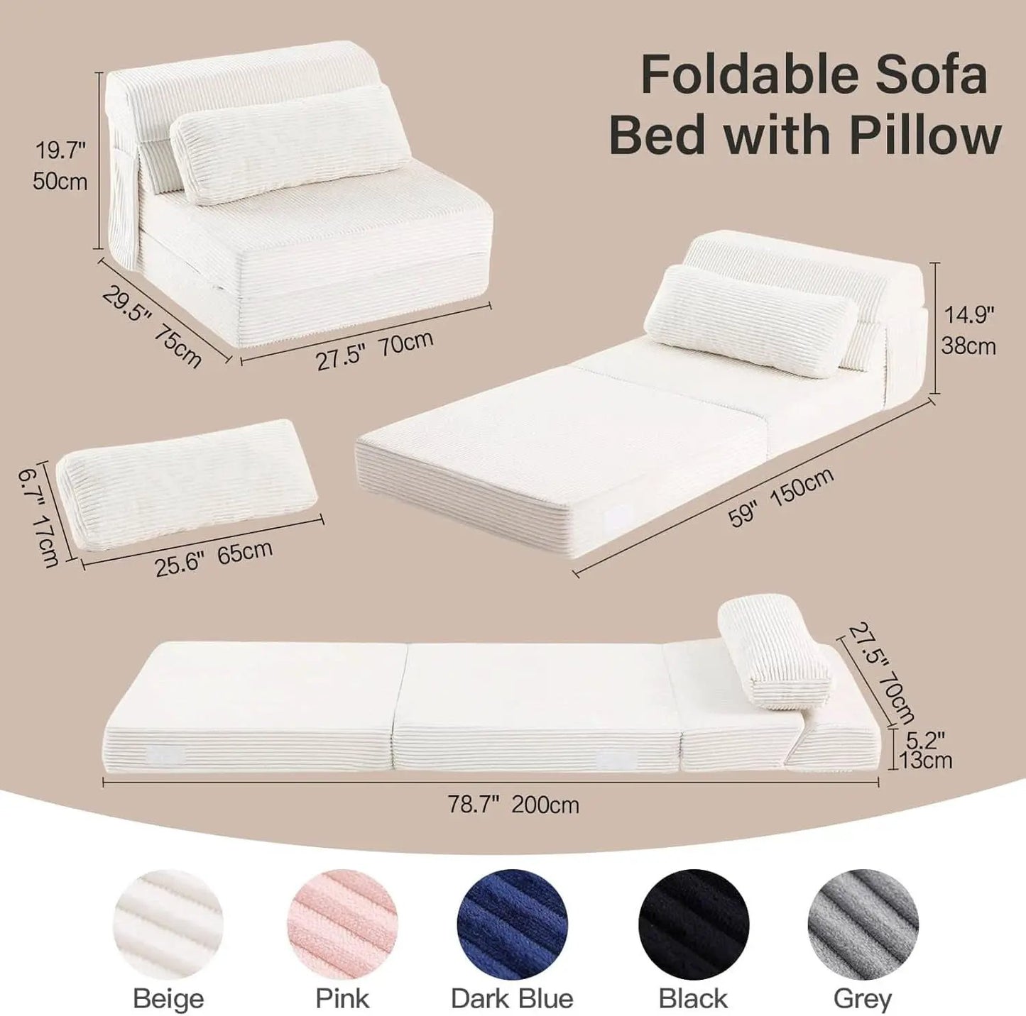 Beige Upholstered Folding Sofa Bed Convertible Floor from PriceLows™
