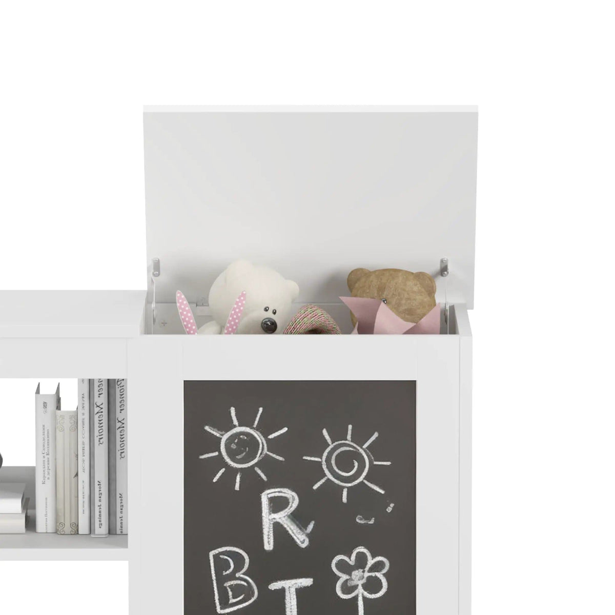 3 In 1 Bookshelf And Toy Storage Cabinet With Chalkboard, Organizer For Playroom | 46.65 x 11.81 x 23.62 in | Home Office Furniture | White