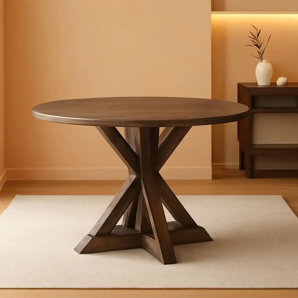 Alfred Round Solid Wood Rustic Dining Table 46.5 Inch Diameter Trestle Pedestal from PriceLows™
