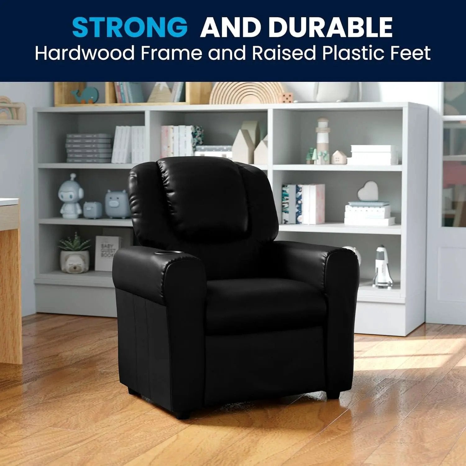 Kids Leathersoft Recliner With Cup Holder And Safety Recline Black from PriceLows™