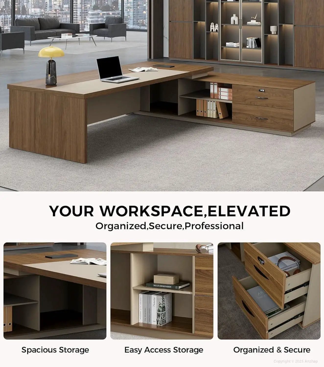 79 Inch L Shaped Desk Lockable Drawers Privacy Panel from PriceLows™