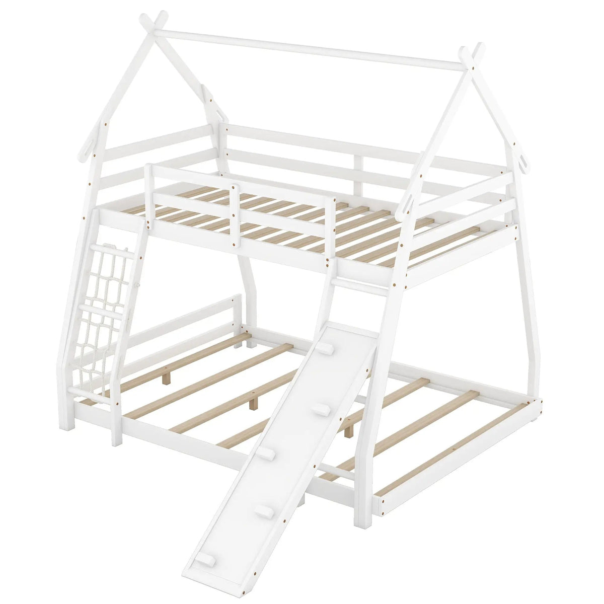 House Bunk Bed | Twin Over Queen | Solid Pine | Climbing Net And Ramp