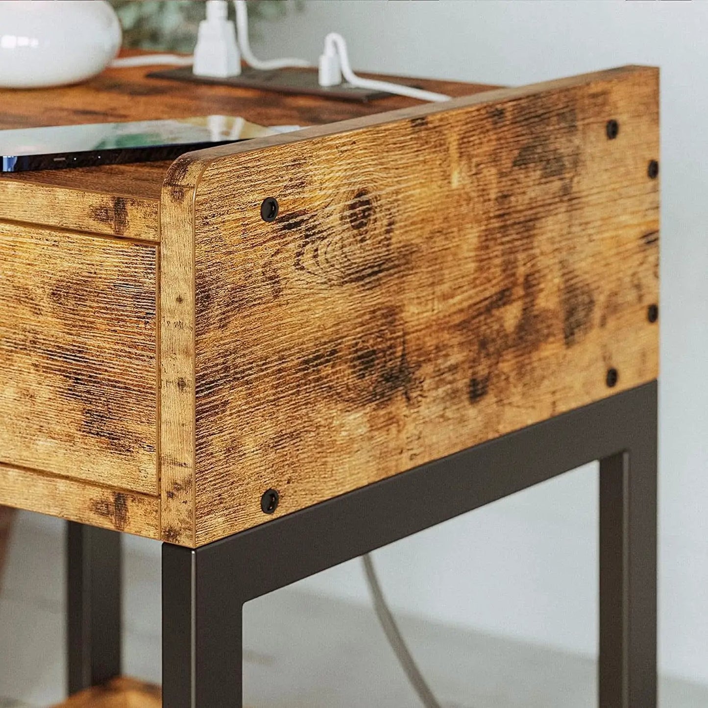 Bedside Table With Charging Station In Vintage Brown from PriceLows™