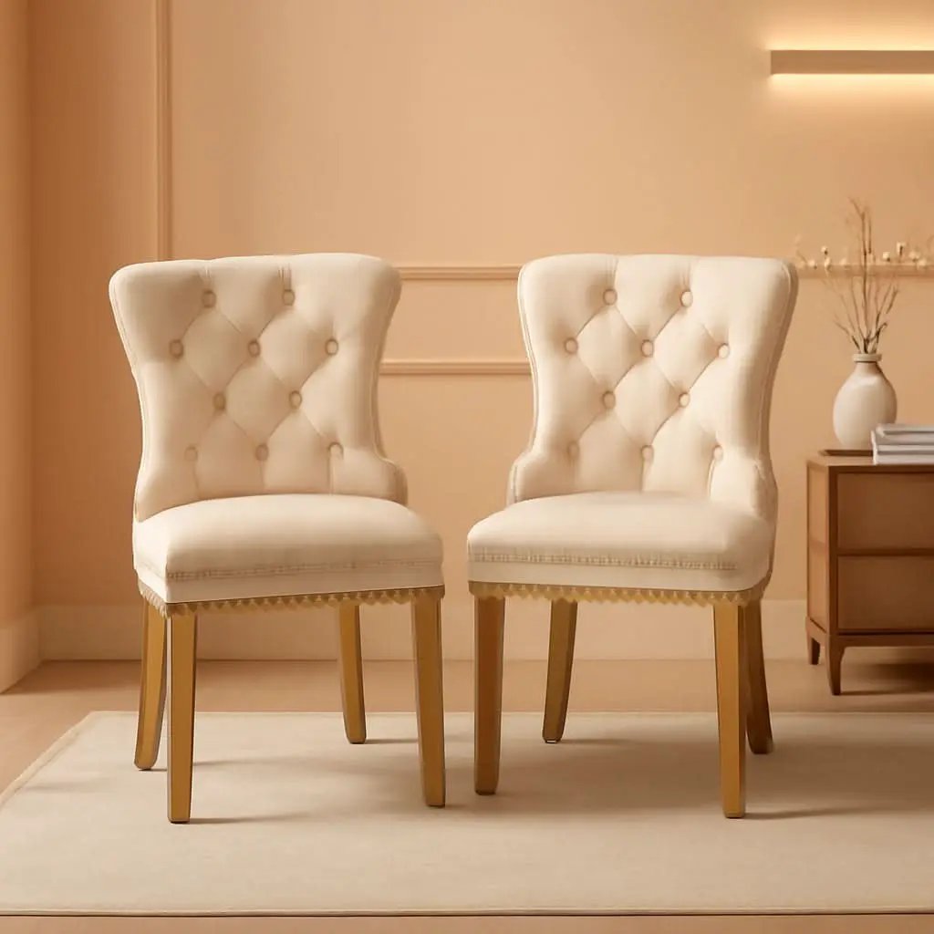 Beige Velvet Dining Chairs Set Of Four Wingback Button Tufted Dining Room Chairs from PriceLows™