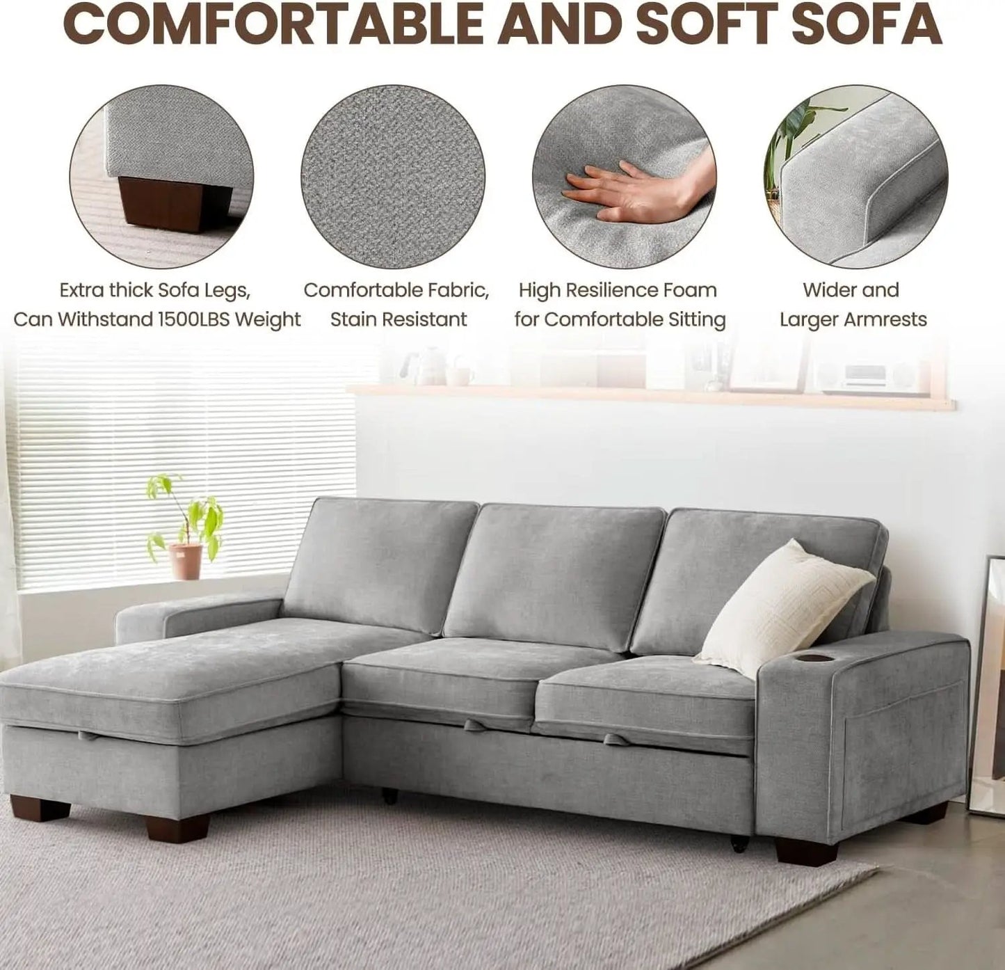 Gray 99In LShaped Memory Foam Cushion Sleeper Sofa Covers from PriceLows™