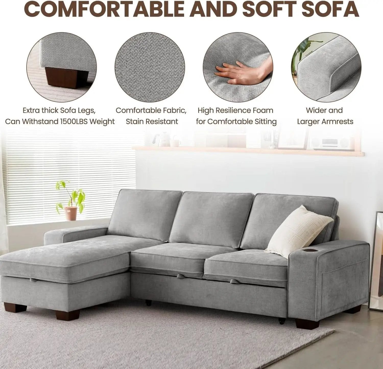 Gray 99In LShaped Memory Foam Cushion Sleeper Sofa Covers from PriceLows™