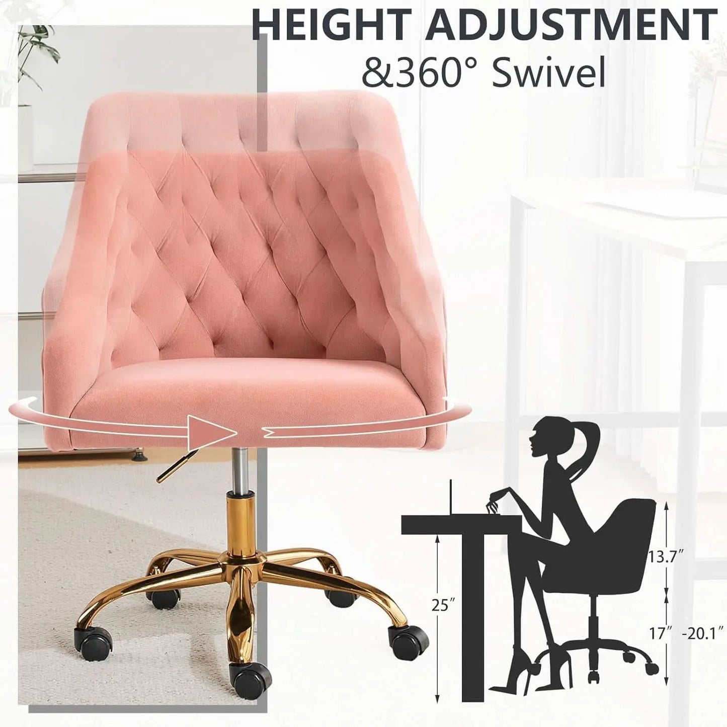 Pink Velvet Office Chair 360 Swivel Modern Desk Chair from PriceLows™