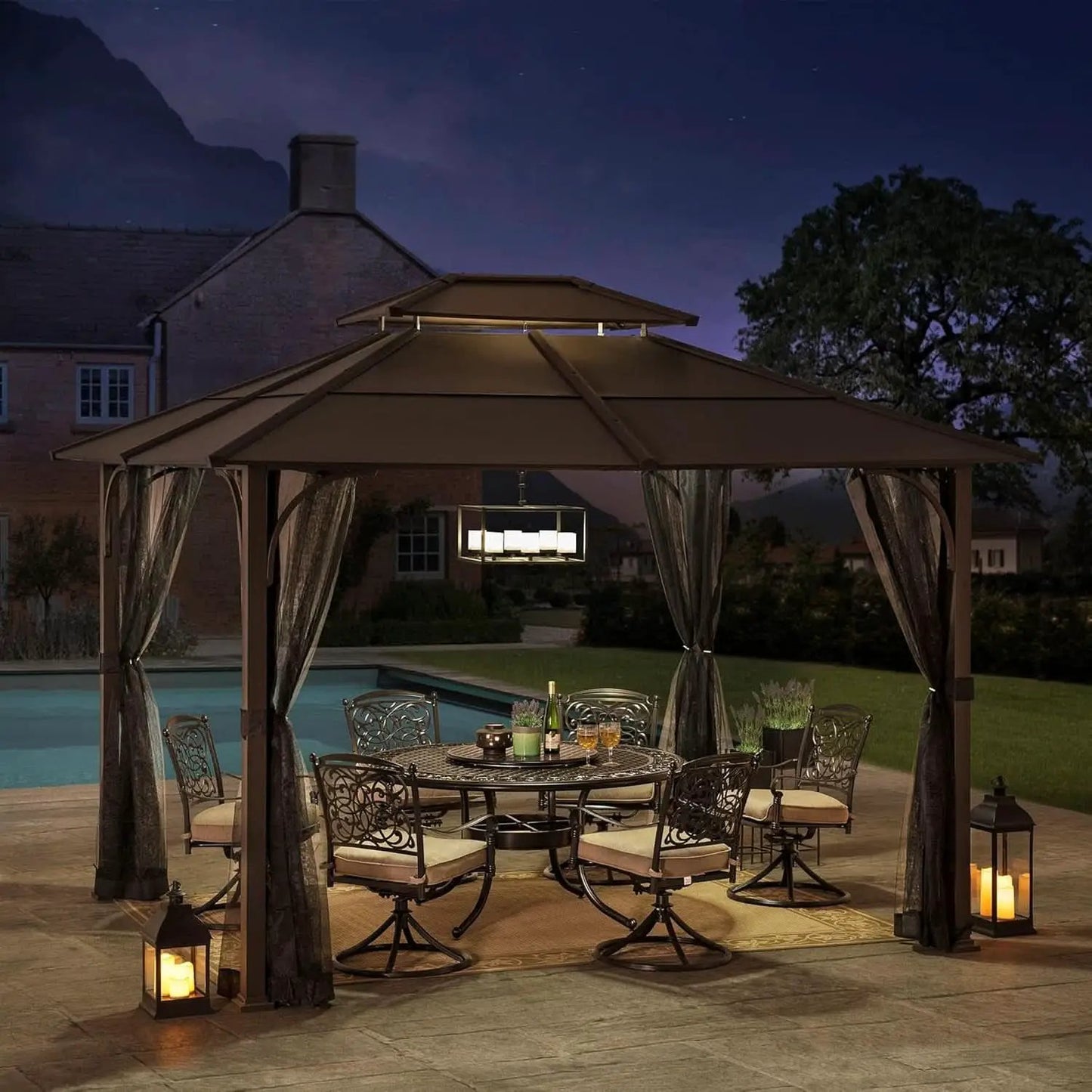 10x12 Brown Hardtop Gazebo With Steel Frame And Netting For Outdoor Patio Garden Canopy Shelter from PriceLows™