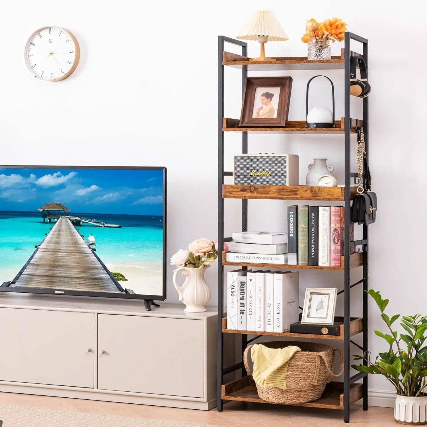 Adjustable Six Tier Industrial Wood Black Metal Bookcase from PriceLows™