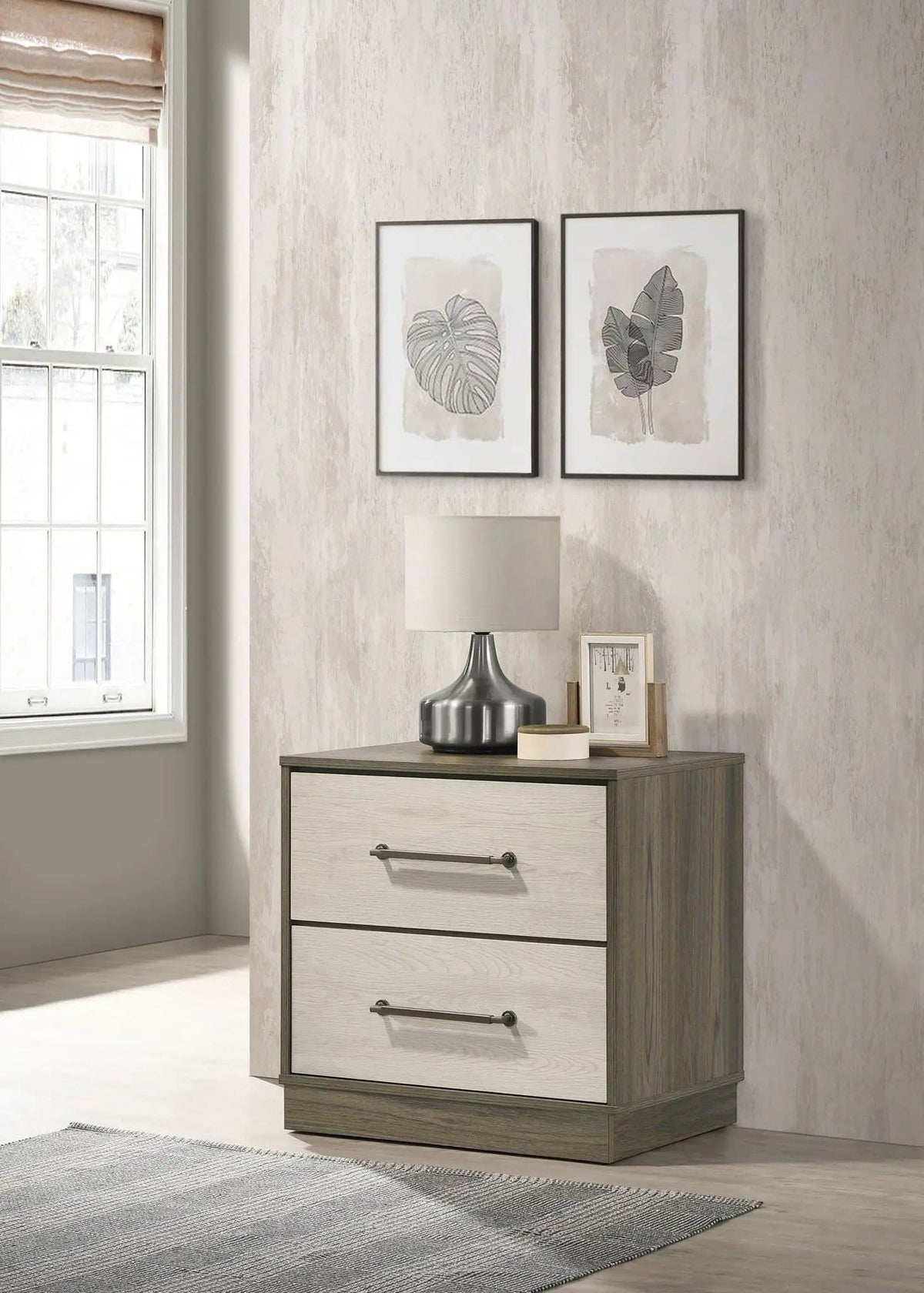 Fenwick 2-drawer Nightstand Bedside Table Grey | 23.5 x 15.75 x 23 in | Metal & Veneer | Oak