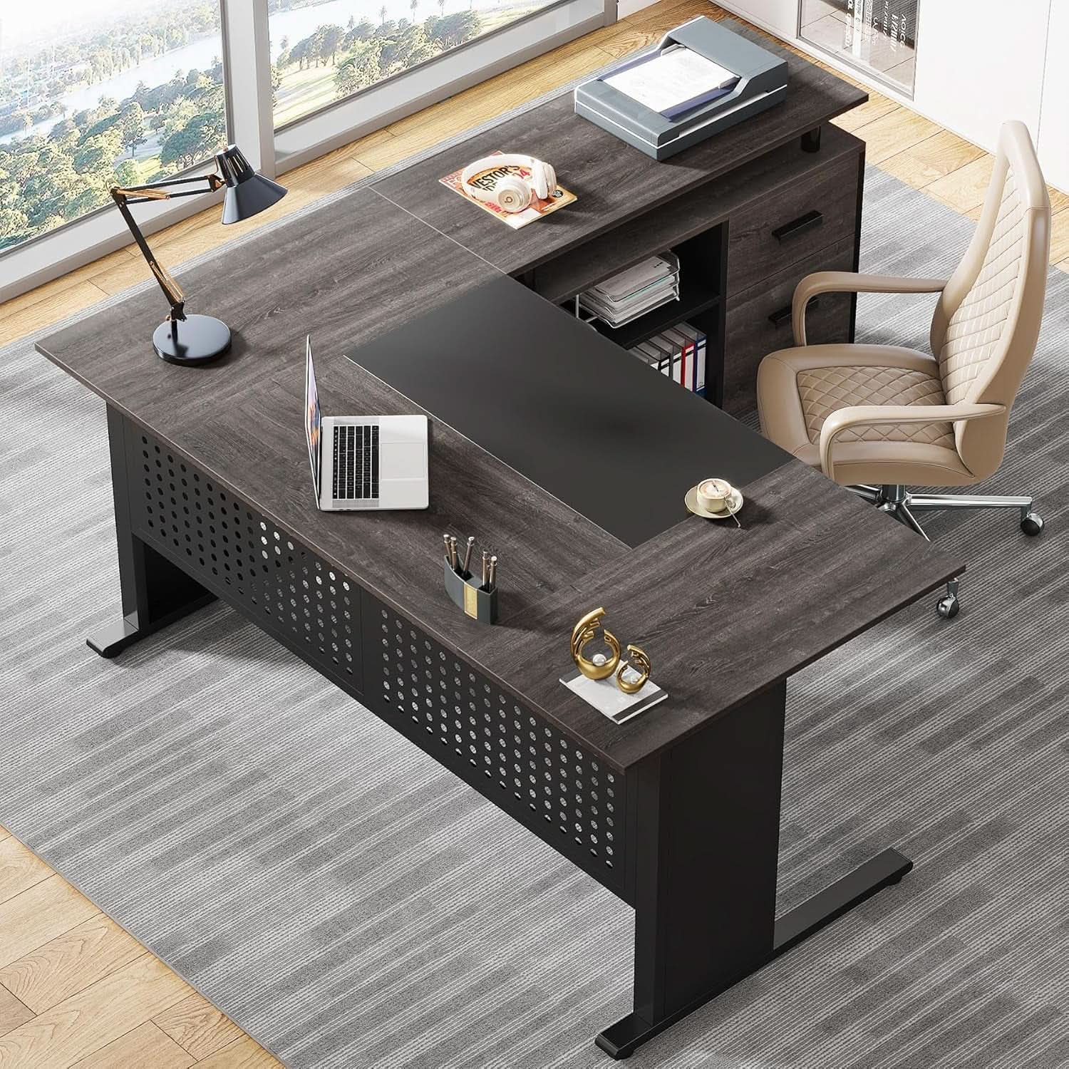 63 Inch Executive Desk With Integrated Cabinet Gray from PriceLows™