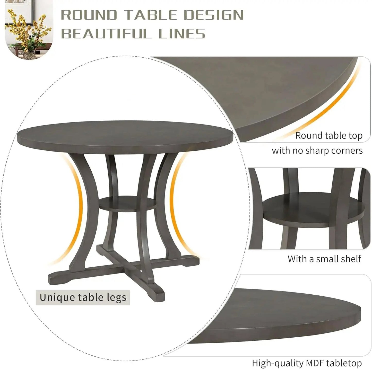Gray Round Shaped Retro Antiqued Dining Table Curved Legs from PriceLows™