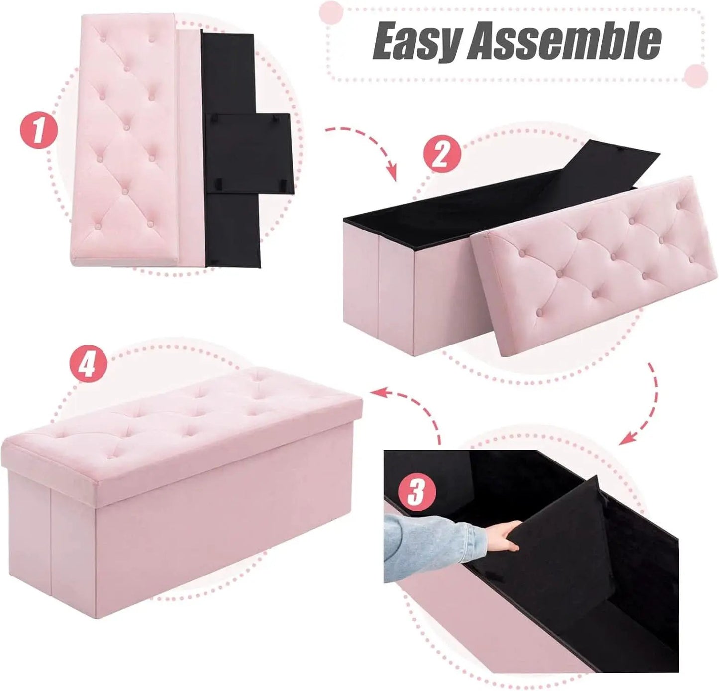 Pink 43 Inch Velvet Lux Foldable Storage Ottoman Bench from PriceLows™