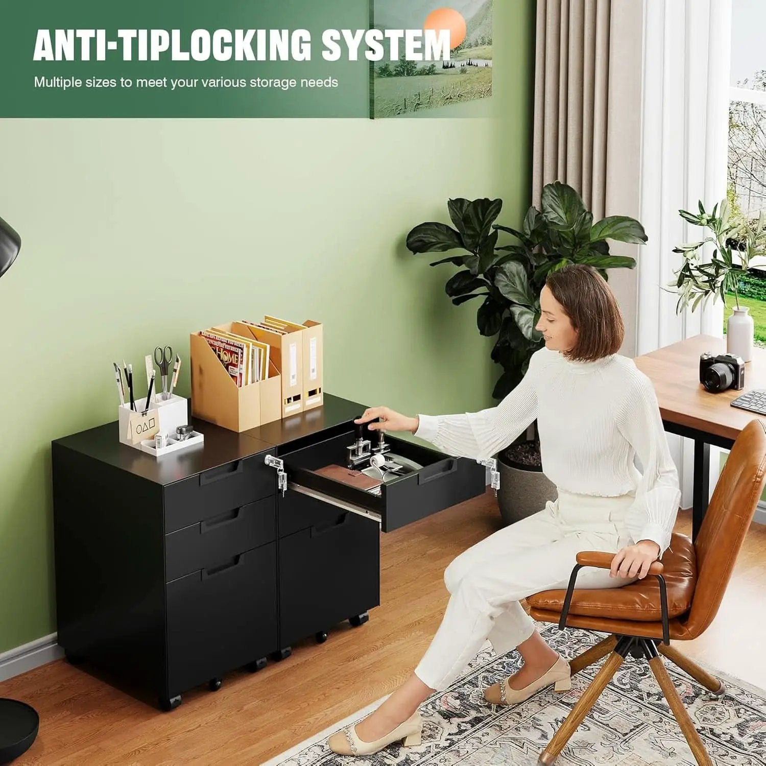 3 Drawer Mobile File Cabinet With Lock In Black Metal Under Desk Organizer For Letters Legal A4 from PriceLows™