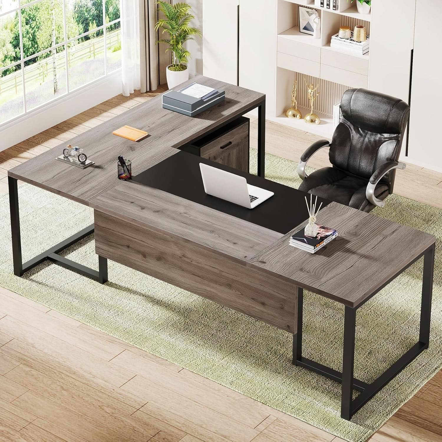 Extra Large L Shaped Executive Desk Retro Gray Drawer Cabinet from PriceLows™