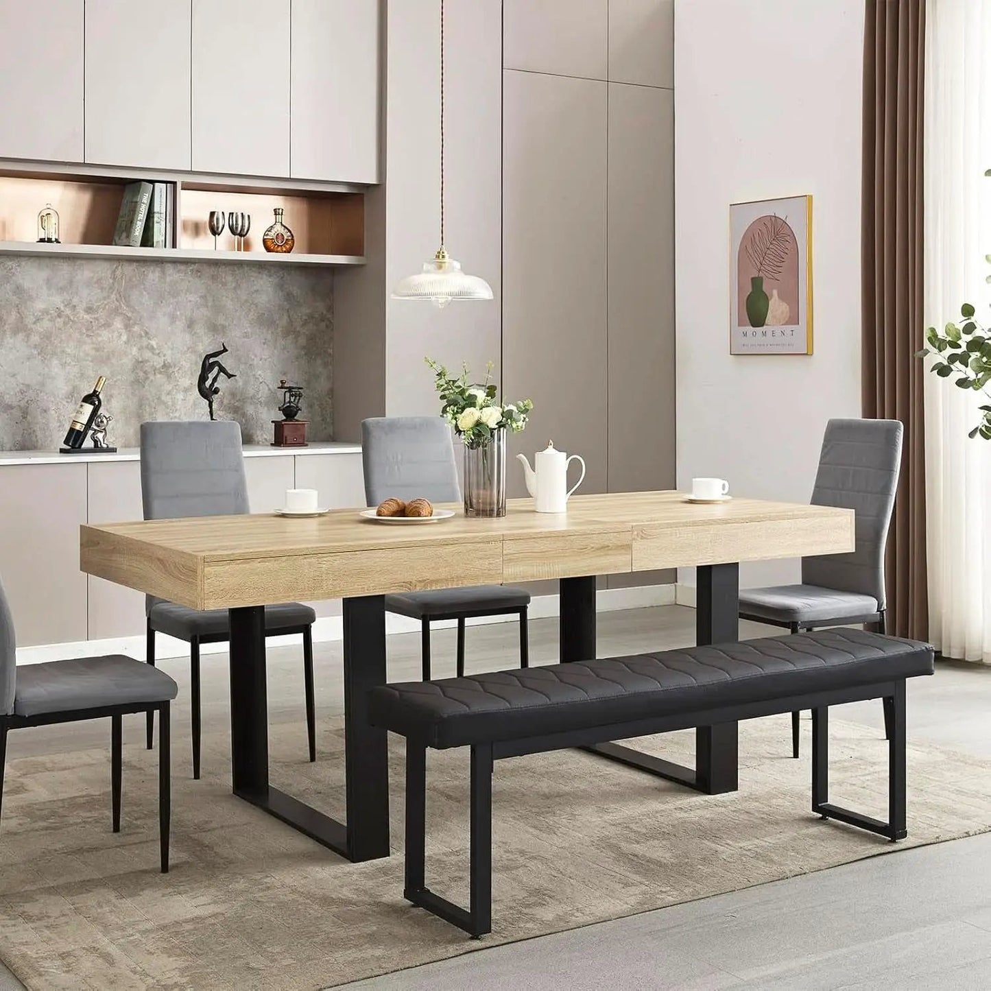 63-79 Inch Extendable Dining Table Rustic Oak Finish from PriceLows™
