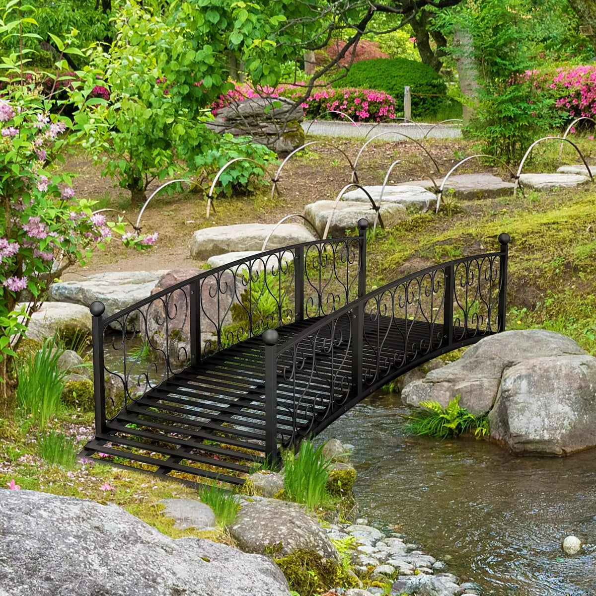 Decorative Metal Arch Garden Bridge | 7FT Footbridge | Scrollwork Design | Safety Siderails