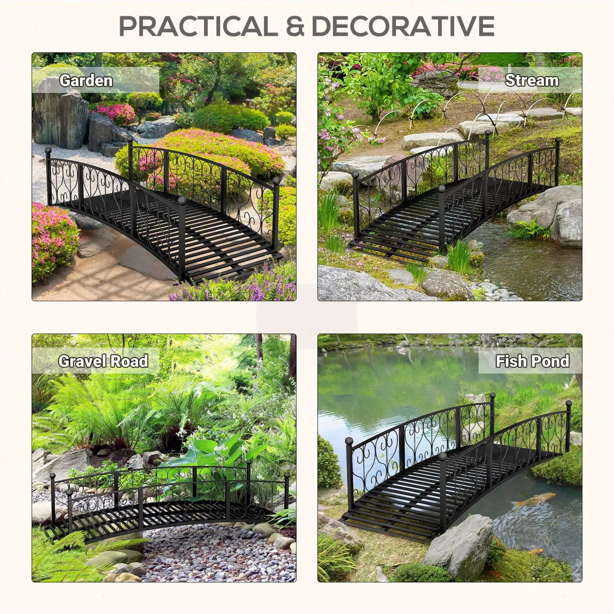 Decorative Metal Arch Garden Bridge | 7FT Footbridge | Scrollwork Design | Safety Siderails
