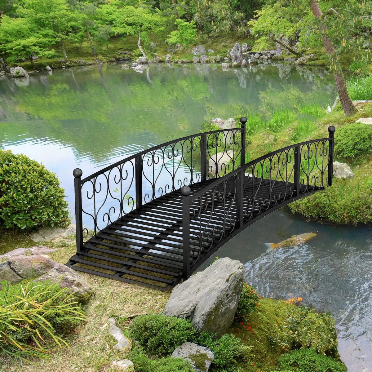 Decorative Metal Arch Garden Bridge | 7FT Footbridge | Scrollwork Design | Safety Siderails