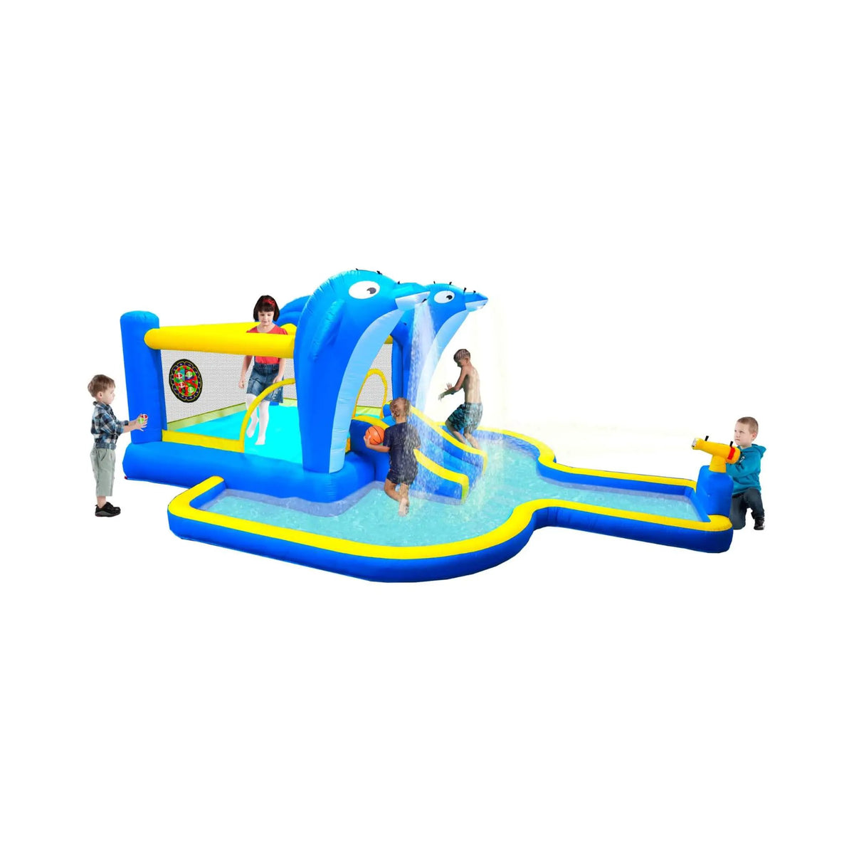 8-In-1 Inflatable Water Park | Bounce House Slide And Pool | Sprinkler Water Gun | Basketball Hoop