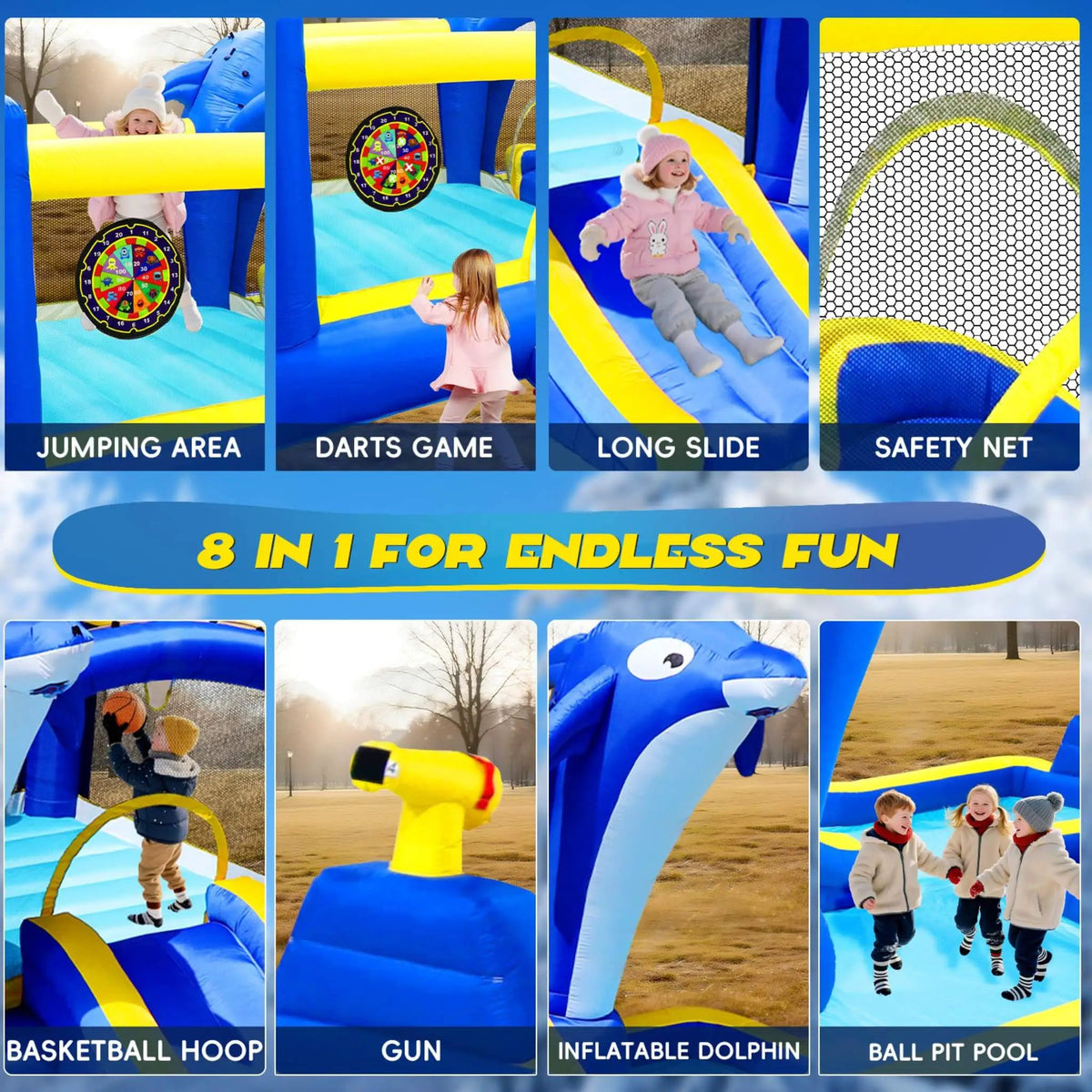 8-In-1 Inflatable Water Park | Bounce House Slide And Pool | Sprinkler Water Gun | Basketball Hoop