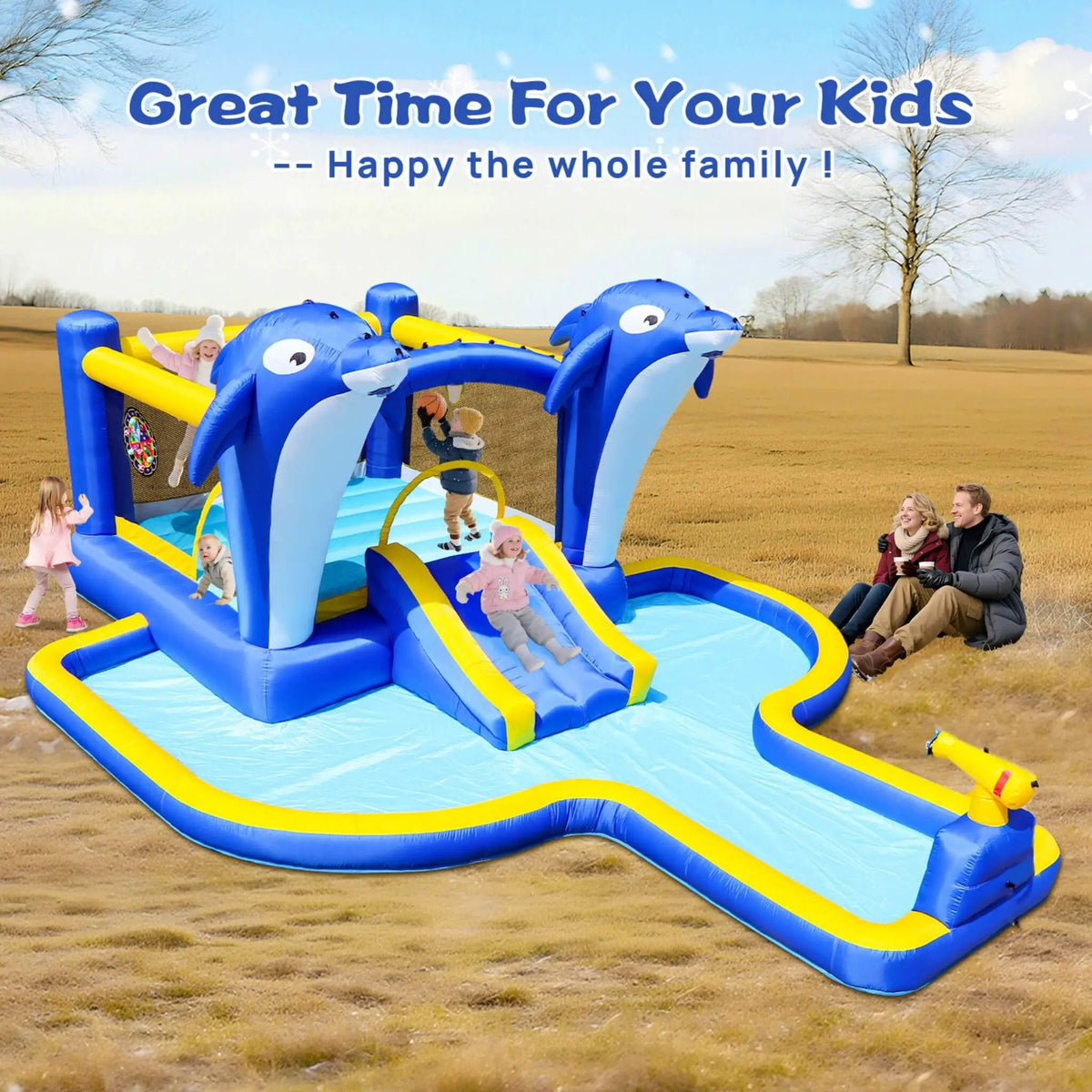8-In-1 Inflatable Water Park | Bounce House Slide And Pool | Sprinkler Water Gun | Basketball Hoop